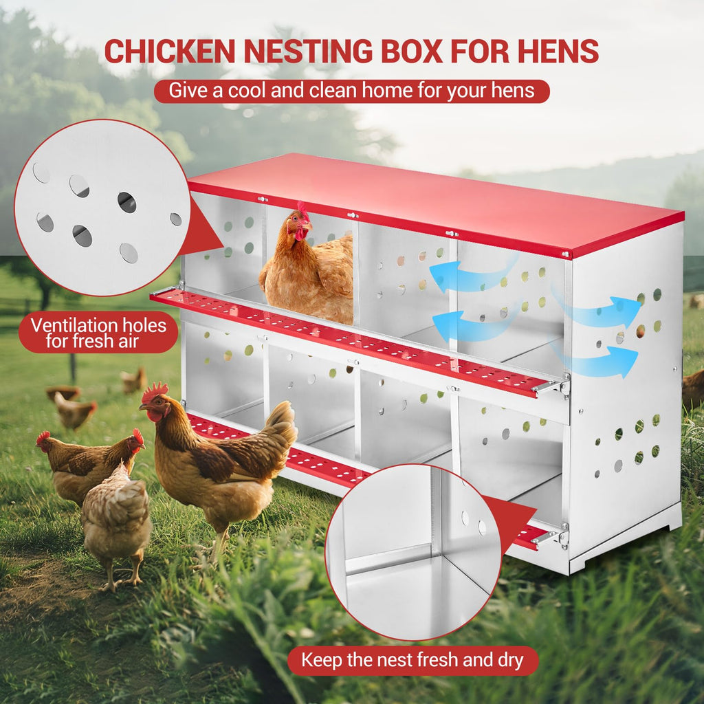 GARVEE Galvanized Steel Nesting Box - 6 Compartments w/Vented Holes, Swing Perch & Removable Dividers for Easy Coop Installation