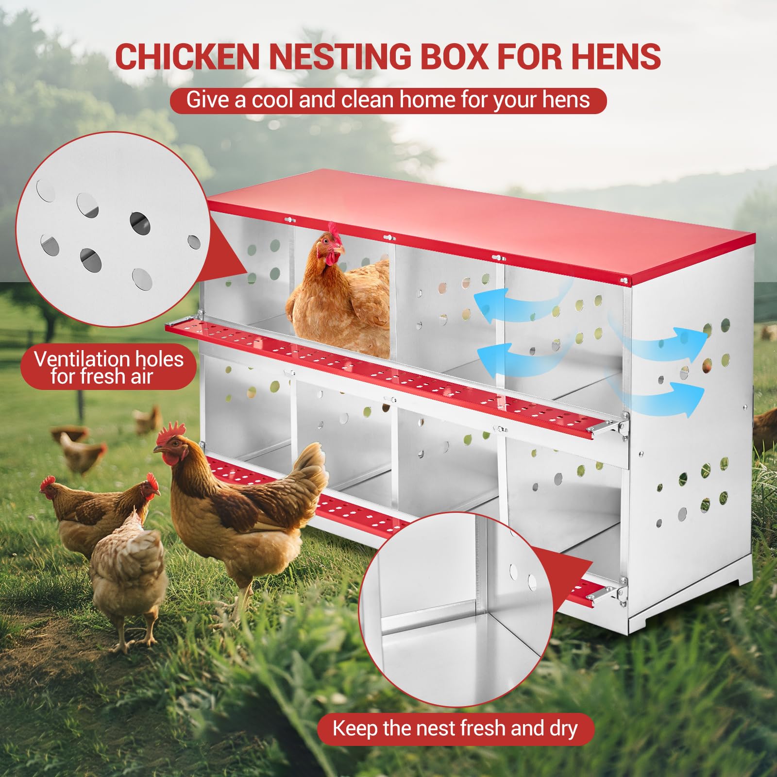 GARVEE Galvanized Steel Nesting Box - 6 Compartments w/Vented Holes, Swing Perch & Removable Dividers for Easy Coop Installation