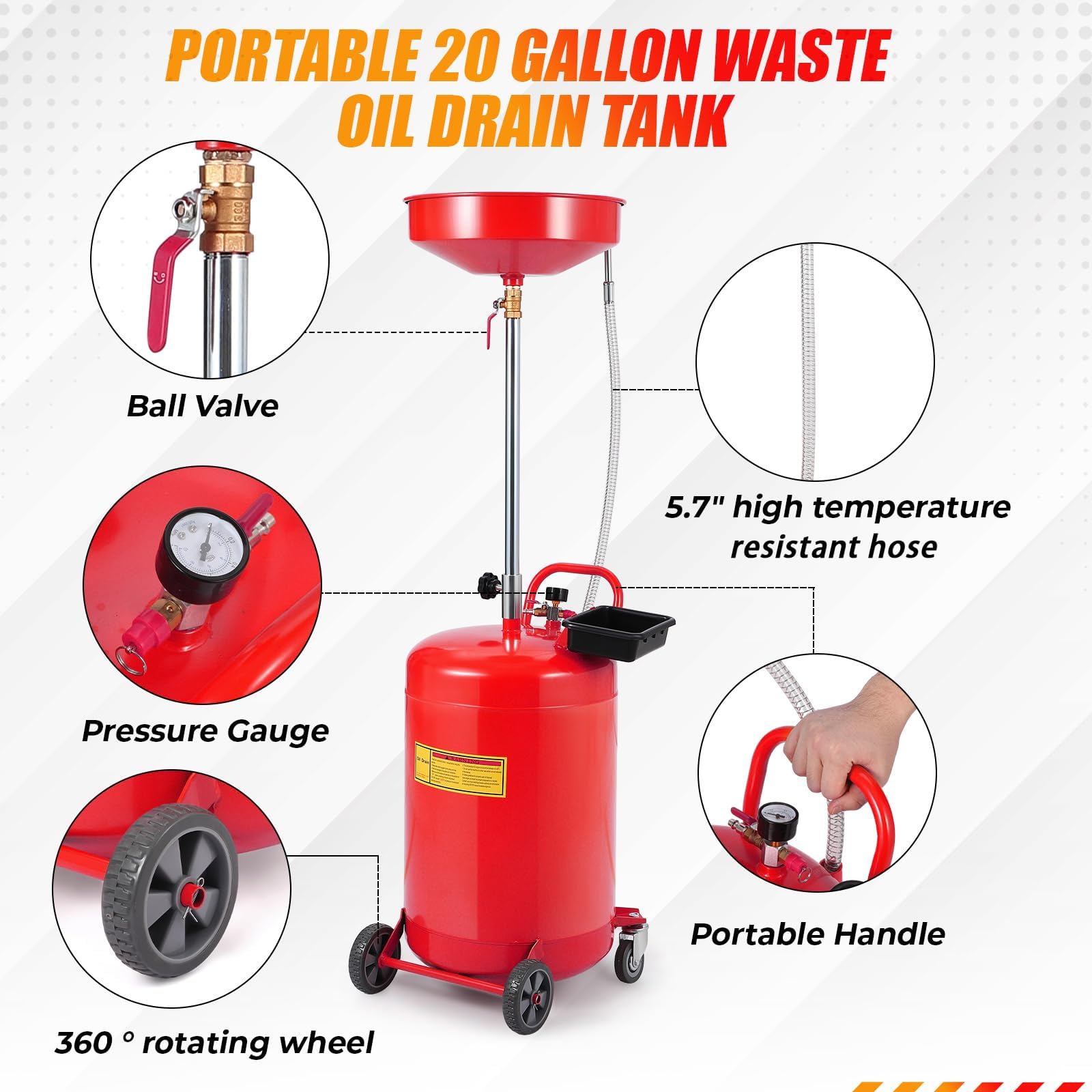 Garvee 20 Gallon Portable Waste Oil Drain Tank with Wheels, Adjustable Funnel Height, Steel Construction, Pressure Valve, for Auto Repair Shops
