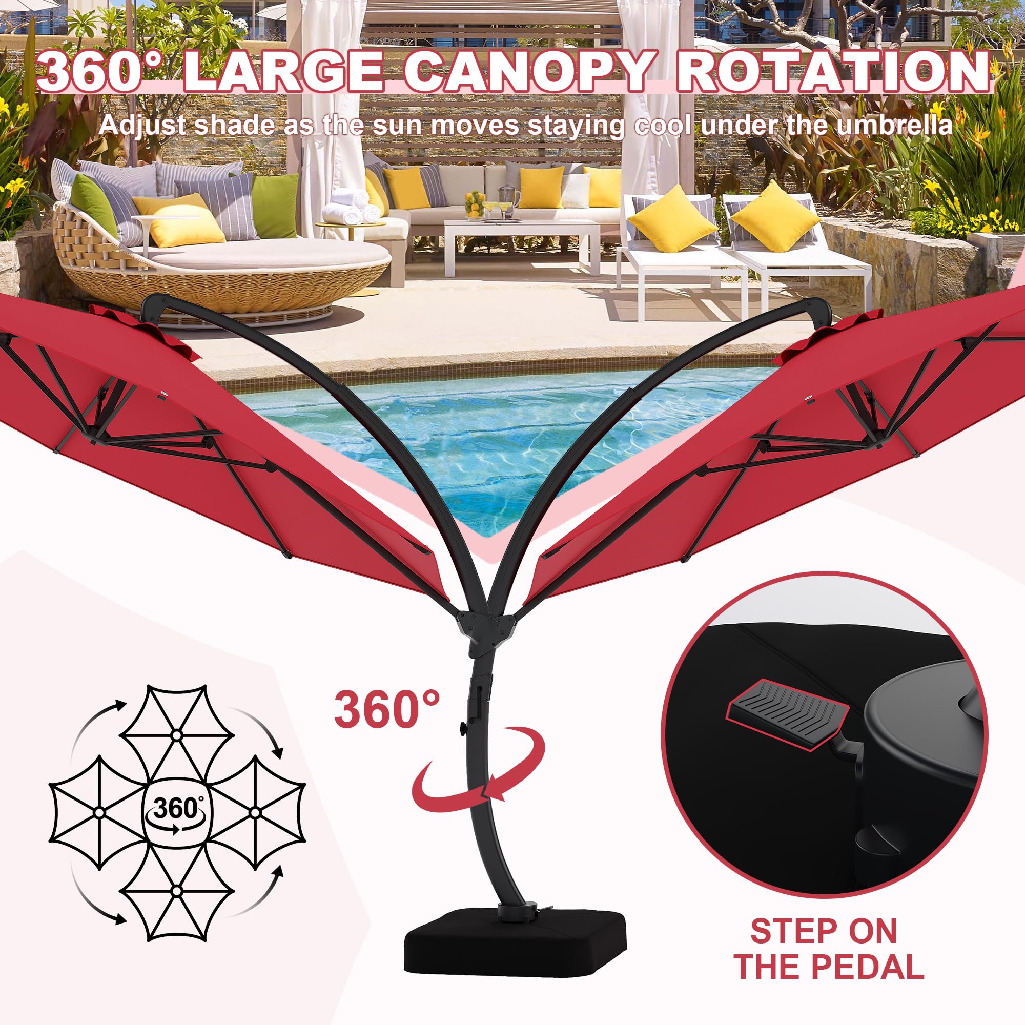 Garvee 11FT Cantilever Patio Umbrella 360° Rotation Infinite Tilt Aluminum Frame Water-Repellent Fabric Heavy-Duty Base for Outdoor Patio Poolside