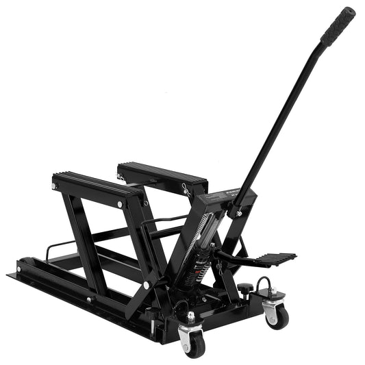 Garvee Hydraulic Motorcycle Lift Jack, 1500 lbs Capacity Steel ATV Hoist with Wheels, Adjustable Height, 3-Position Safety Lock, Portable Garage Lifting Stand，Black
