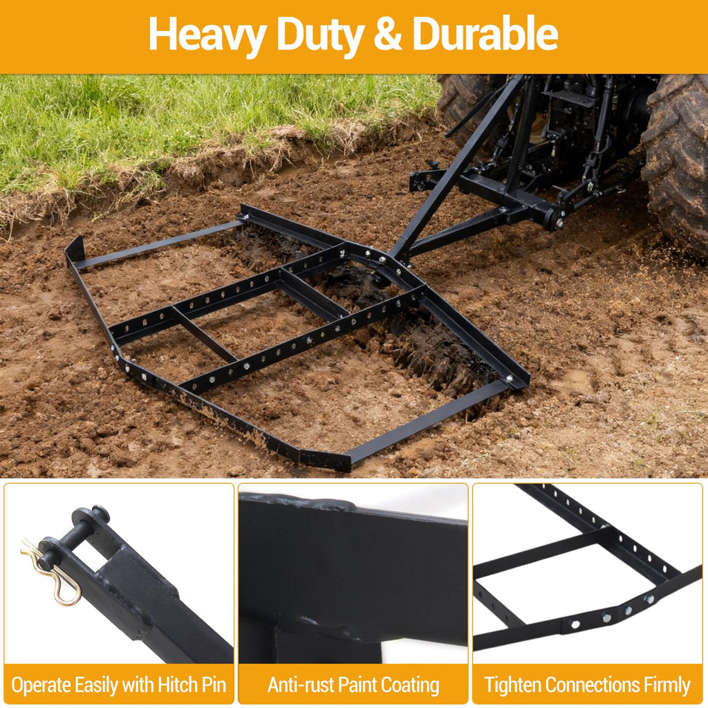 Garvee Driveway Drag 66" Steel Drag Harrow Heavy-Duty Rust-Resistant Adjustable Bars Pin-Style Hitch Tow Behind ATV UTV Garden Tractor Yard Leveling