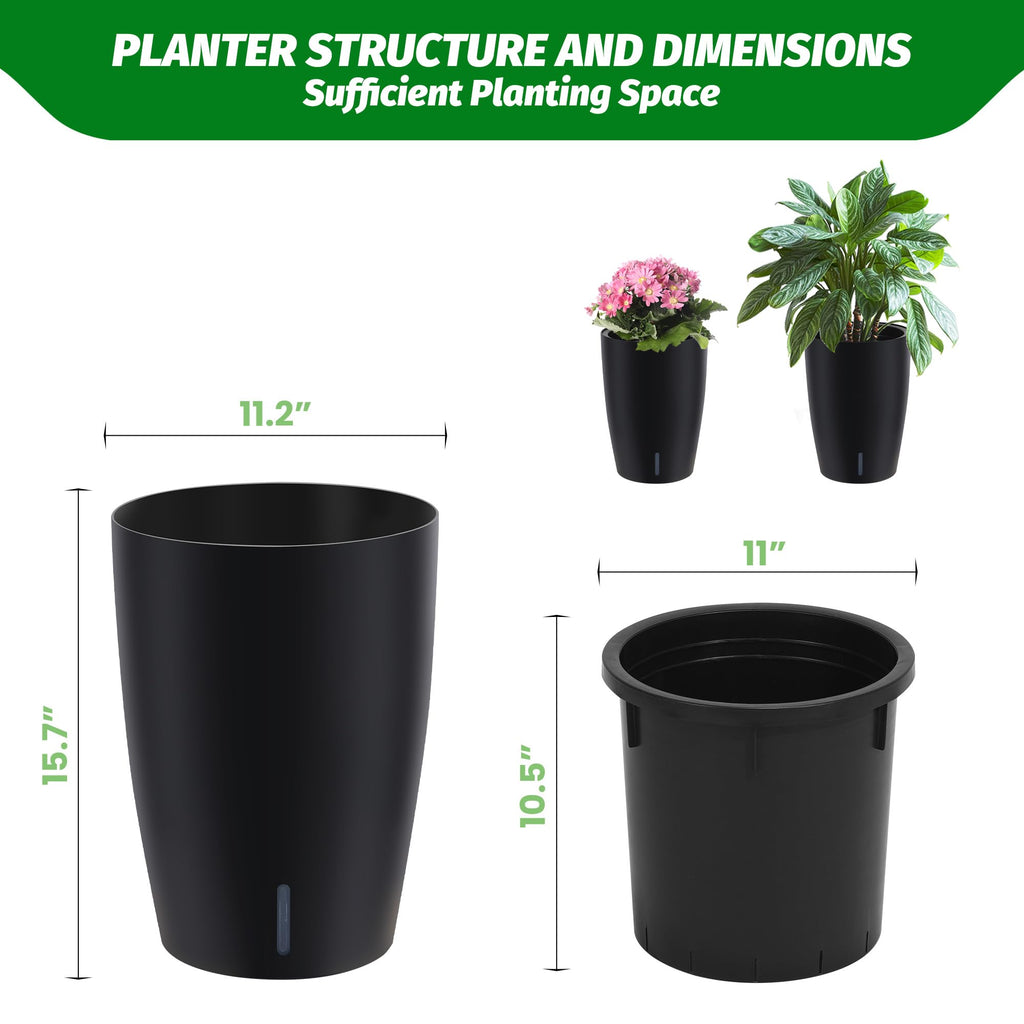 Garvee 16" Tall Planters Set of 2 Self-Watering Pots with Drainage Visual Water Level Durable Plastic Indoor Outdoor Patio
