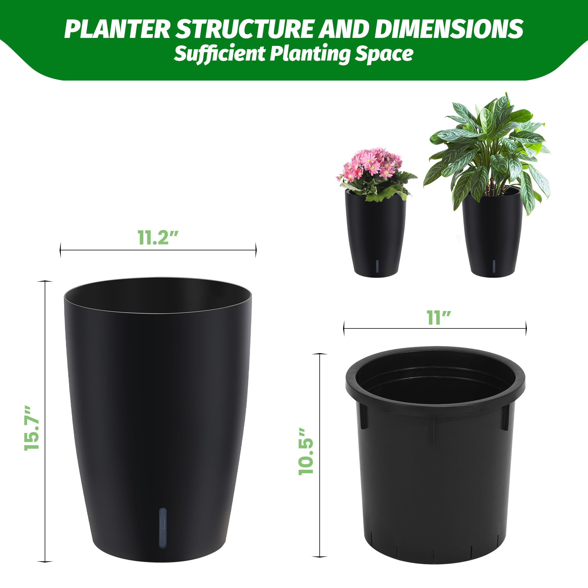 Garvee 16" Tall Planters Set of 2 Self-Watering Pots with Drainage Visual Water Level Durable Plastic Indoor Outdoor Patio
