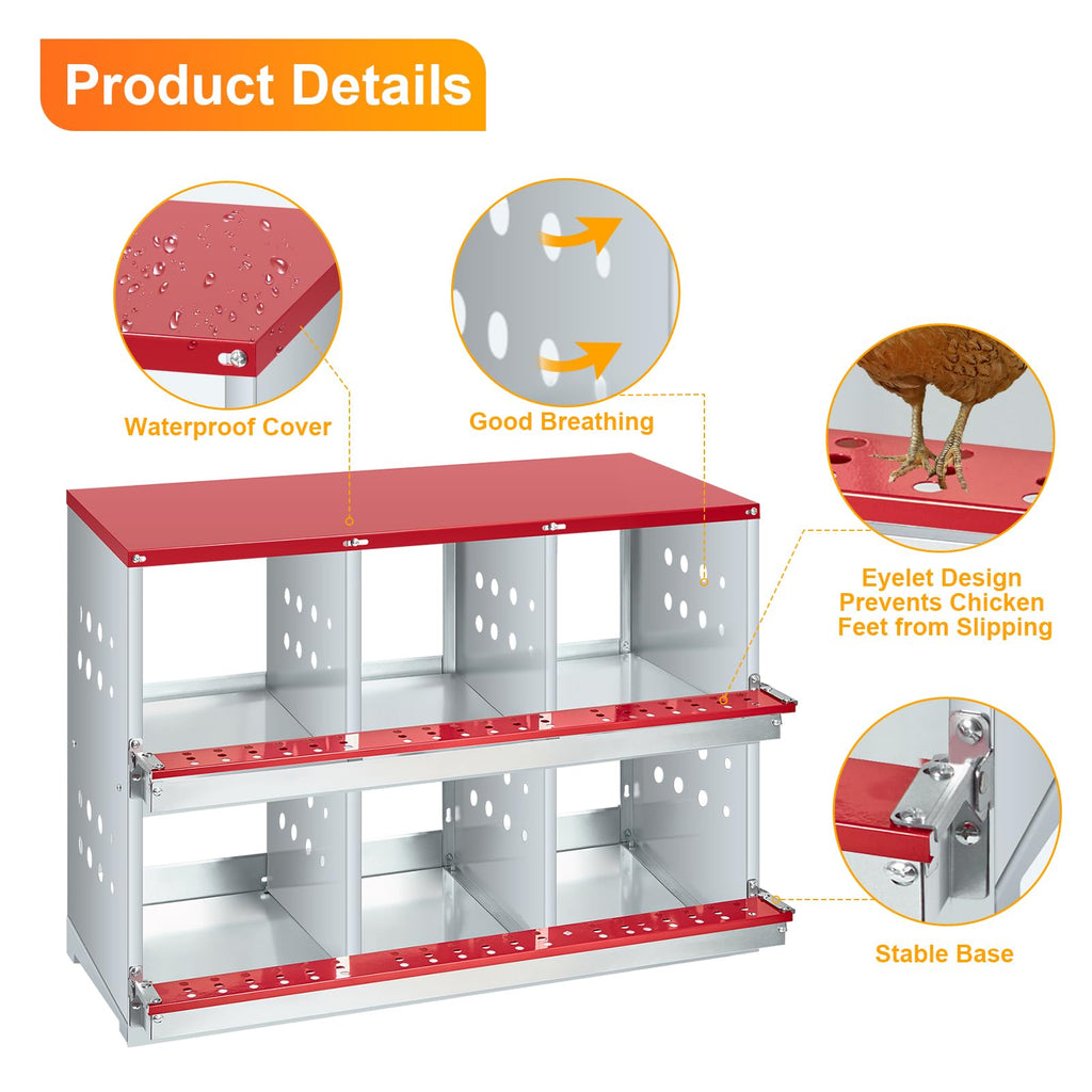 GARVEE 6-Compartment Galvanized Steel Nesting Box - Easy Egg Collection, Ventilated Design for Hens/Ducks/Rabbits Backyard Coop