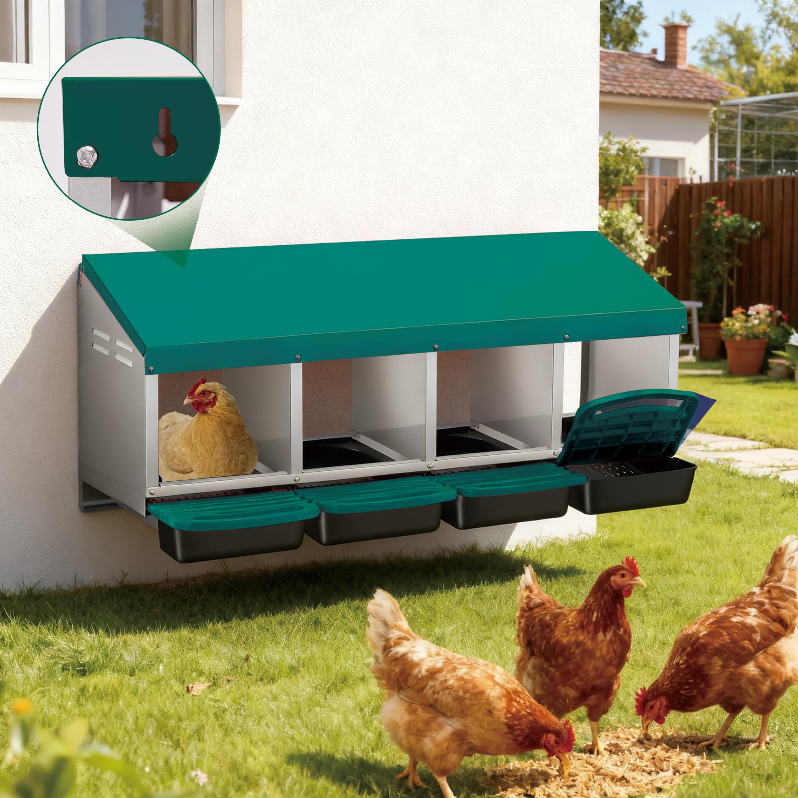 Garvee Chicken Nesting Boxes, 4 Hole Metal Wall Mount Roll Away Nest with Removable Trays and Roll Out Egg Collection for Chicken Coop