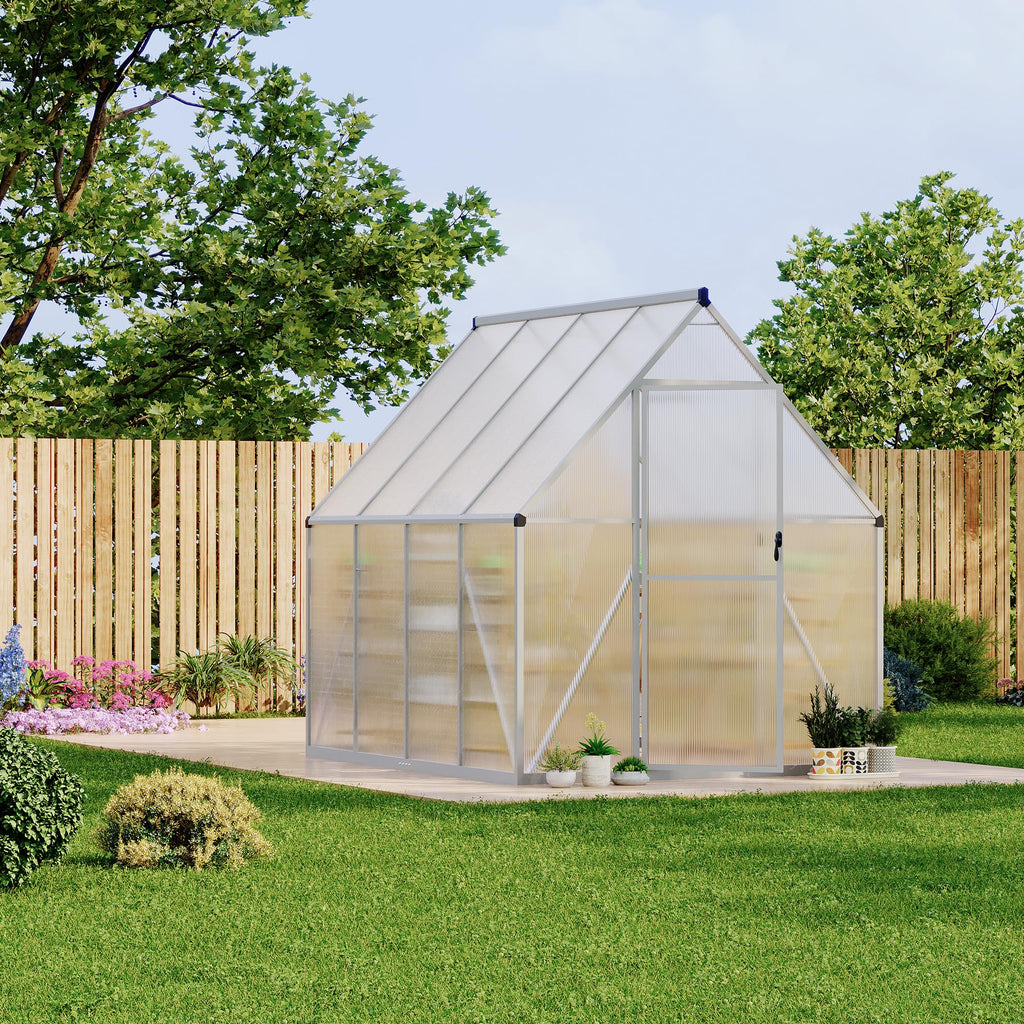 Garvee 6x7 FT Heavy Duty Aluminum Polycarbonate Greenhouse – Large Walk-In Structure, Quick Setup, Roof Vent, Lockable Door, Rain Gutter – Ideal for Patio, Backyard, Garden – Silver