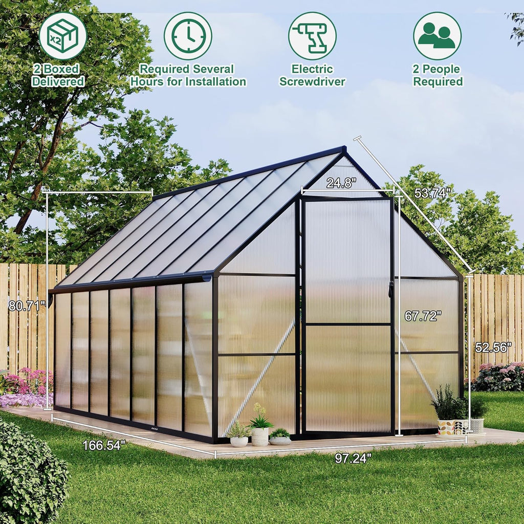 Garvee Greenhouse 8x14 Aluminum Frame Polycarbonate Panels Quick Setup Roof Vent Durable Weather-Resistant Outdoor Gardening