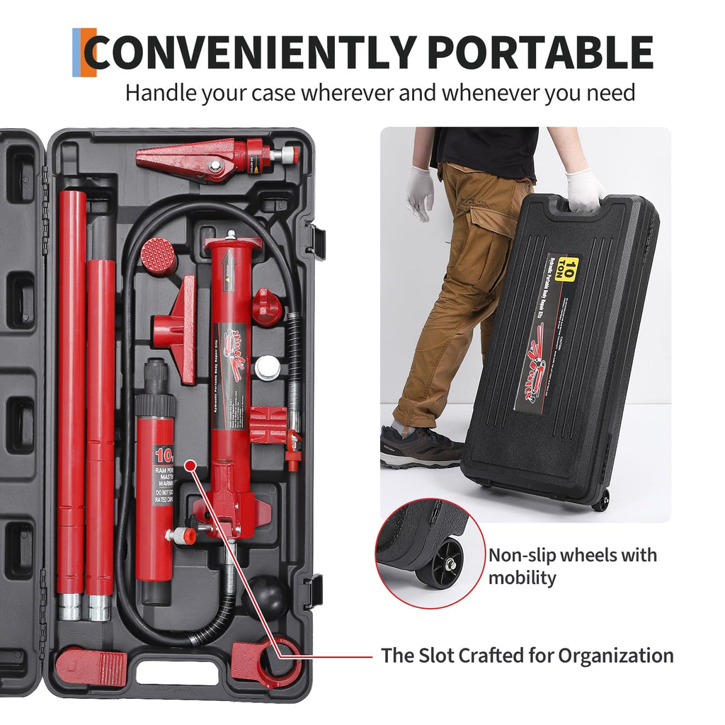 Garvee 10-Ton Heavy-Duty Hydraulic Porta Power Jack Kit with Wheel - 4.6 Ft Oil Hose, Pump, and Storage Case for Auto Body Frame Repair, Garage, Farm, and Mechanic Applications, Red