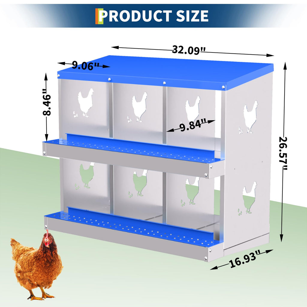 Garvee 6-Hole Chicken Nesting Box Galvanized Steel Rustproof Automatic Egg Collection Ventilated Easy Install Wall or Freestanding for Chicken Coop Blue