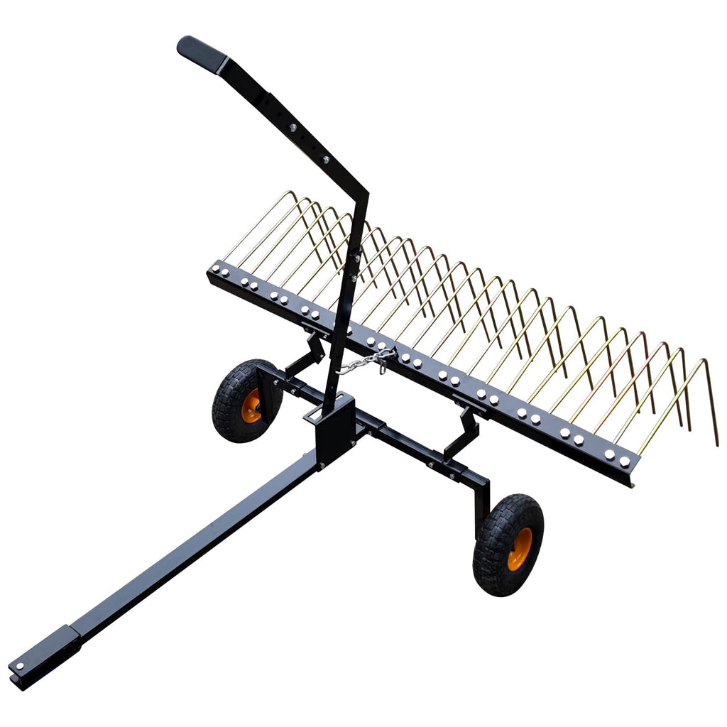 Garvee 60" Tow Behind Dethatcher with 24 Steel Tines, Pneumatic Tires, Alloy Steel, Lift Handle, Pin Hitch for Lawn Tractor, Garden and Farm Use