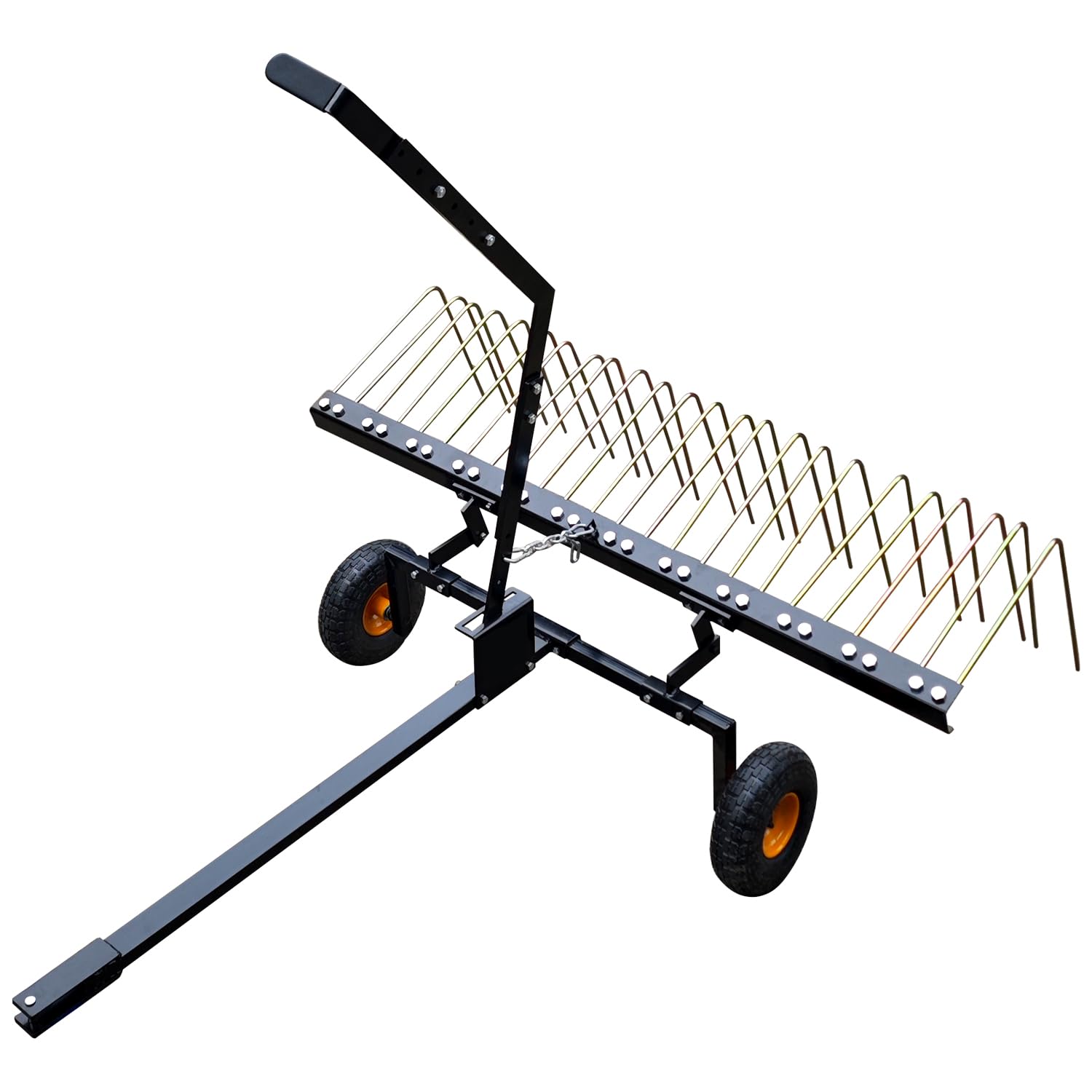 Garvee 60" Tow Behind Dethatcher with 24 Steel Tines, Pneumatic Tires, Alloy Steel, Lift Handle, Pin Hitch for Lawn Tractor, Garden and Farm Use