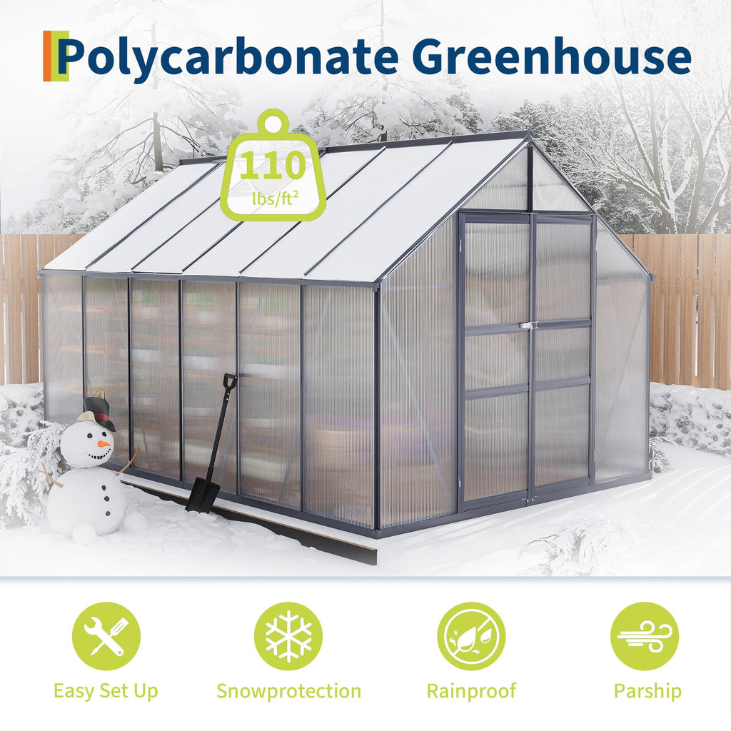 Garvee 8x12 FT Outdoor Walk-in Greenhouse with Polycarbonate Panels, Vent Roof, Windproof Aluminum Frame, Rain Gutters, for Backyard Gardening