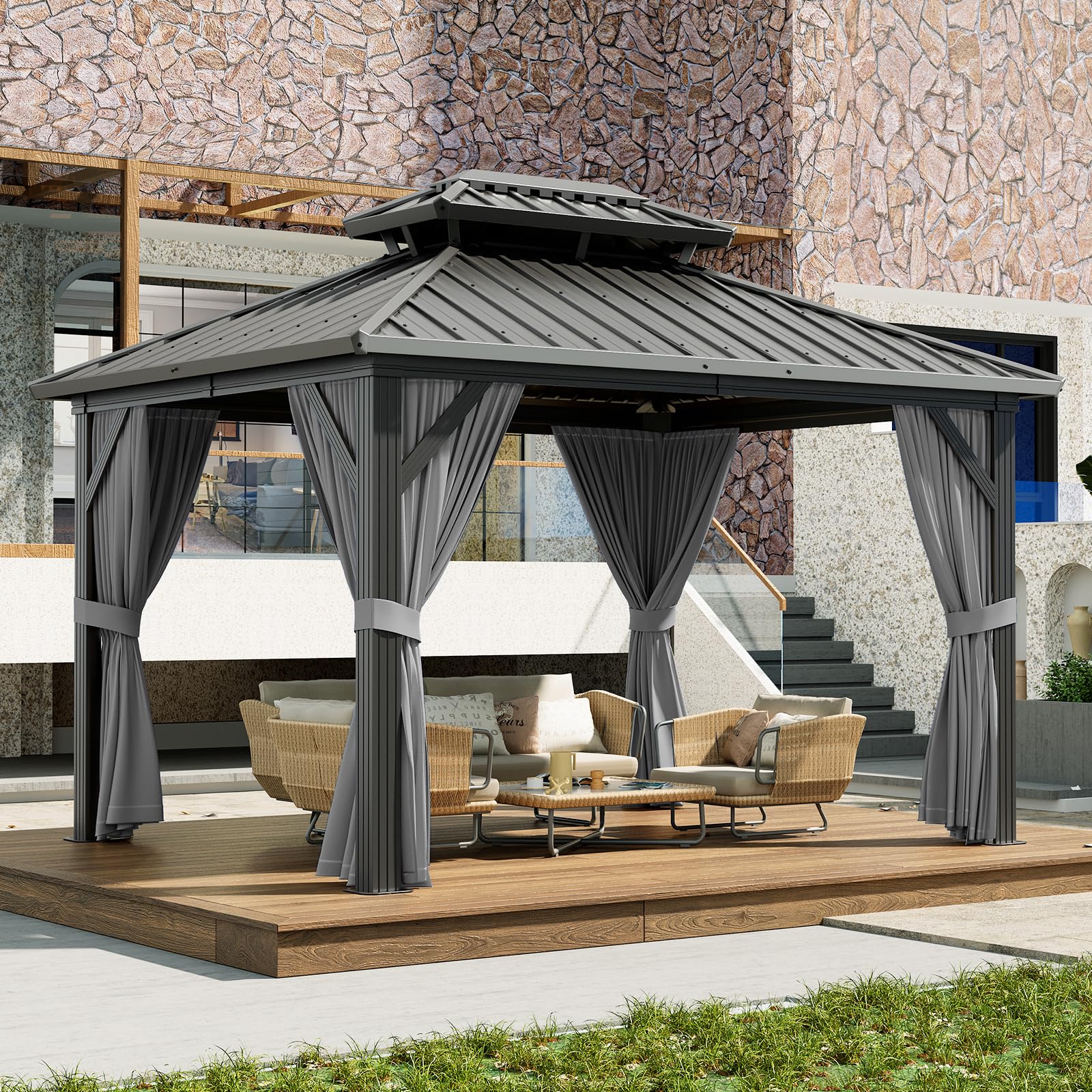 Garvee 10x12ft Hardtop Gazebo Outdoor Patio Pavilion Double Roof Aluminum Frame Waterproof Curtains Netting Backyard Deck Poolside