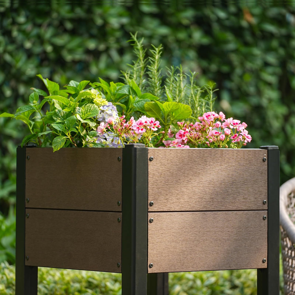 Garvee 19" × 33" HDPE Elevated Raised Garden Bed, Wood-Grain Planter Box with Black Aluminum Frame & Storage Shelf, Brown