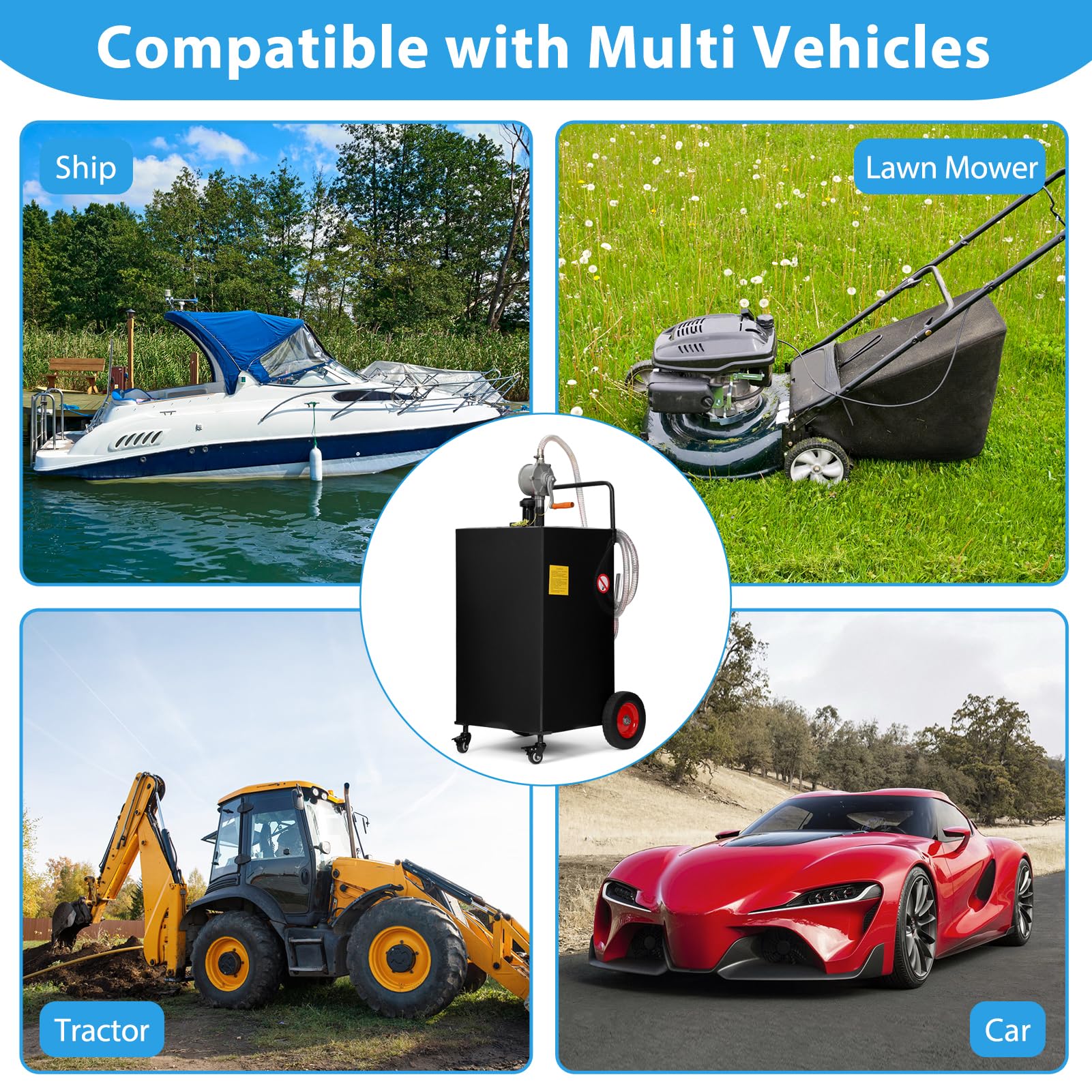 Garvee 35-Gallon Fuel Caddy - Manual Transfer Pump with 8ft hose Fueling Nozzle and 360° Swivel Connector, 4-Wheel Design for Gasoline and Diesel, Ideal for Cars, Lawn Mowers, and Boats, Black