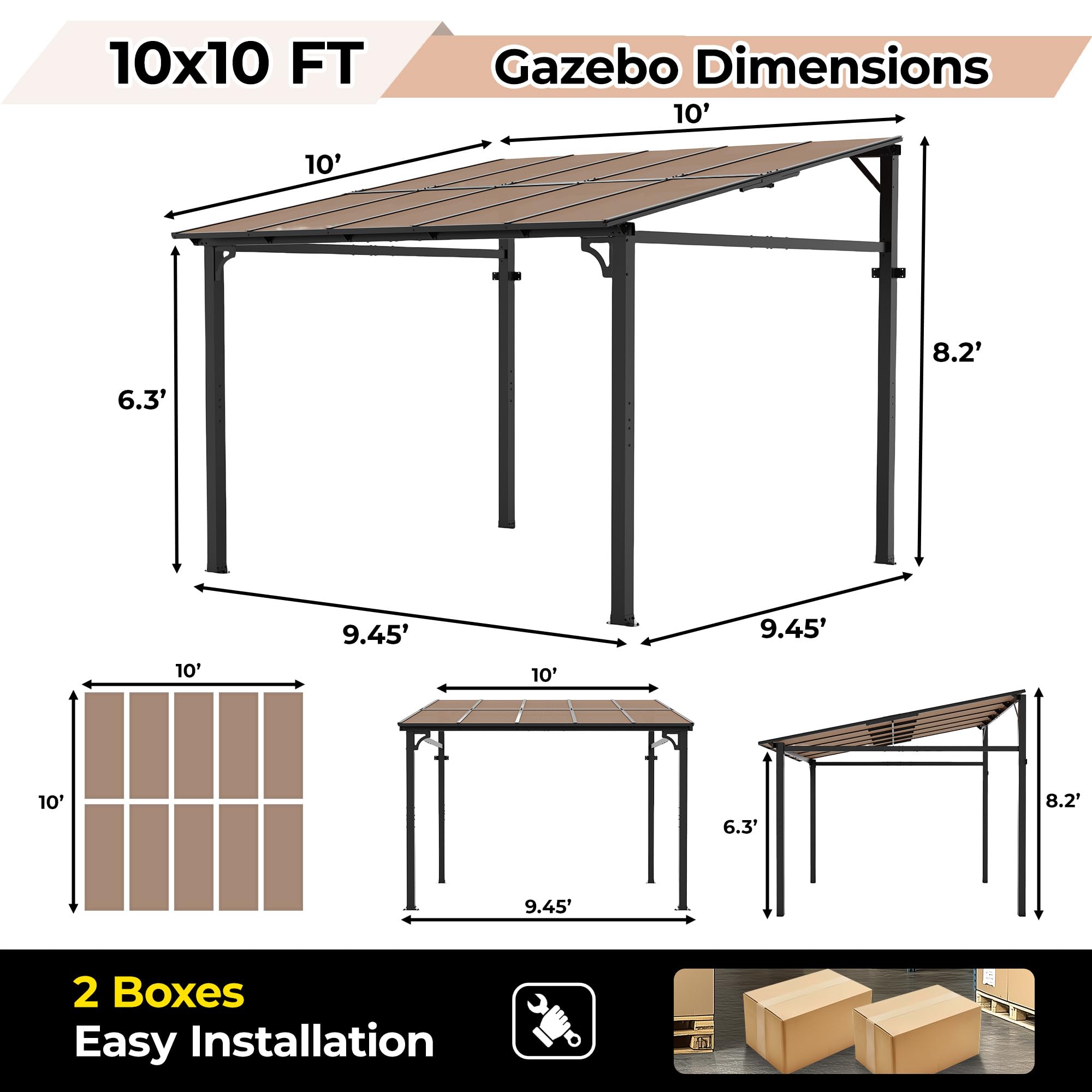 Garvee 10' x 10' Outdoor Gazebo Pergola with Hardtop Panels & Metal Frame, Sloped Roof, Wall Mounted, Stable Design for Patio & Backyard