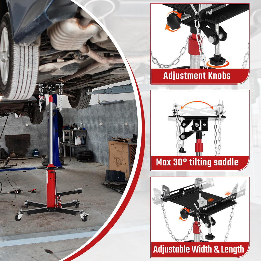 Garvee Hydraulic Transmission Jack 1322 lbs Load Capacity 34"-68" Lifting Range Steel Frame 360° Swivel Wheels with Brakes Heavy Duty Red Workshop Use