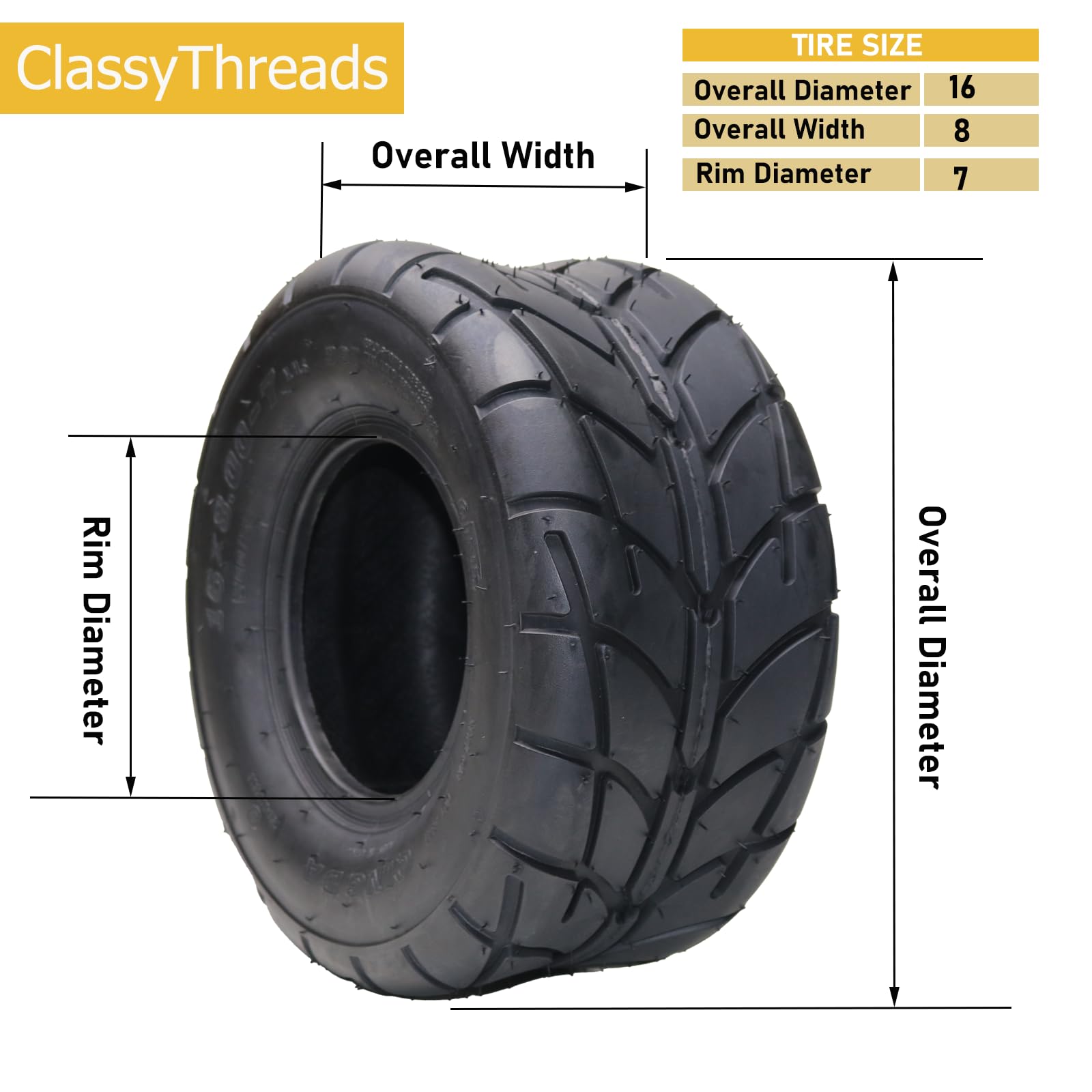 Garvee Set of 2 ATV Tires 16X8-7 4PR All-Terrain Tubeless Nylon 4-Ply Off-Road Mud Sand Trail