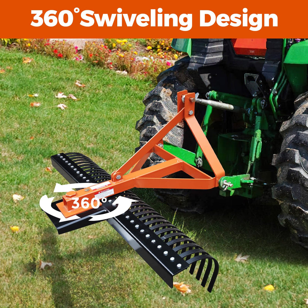 Garvee 5 FT Landscape Rake for Tractors, 3-Point Rock Rake, 360° Rotation, Steel, 30 Tines, Fits Cat 1 & 2, Yard & Farm Use