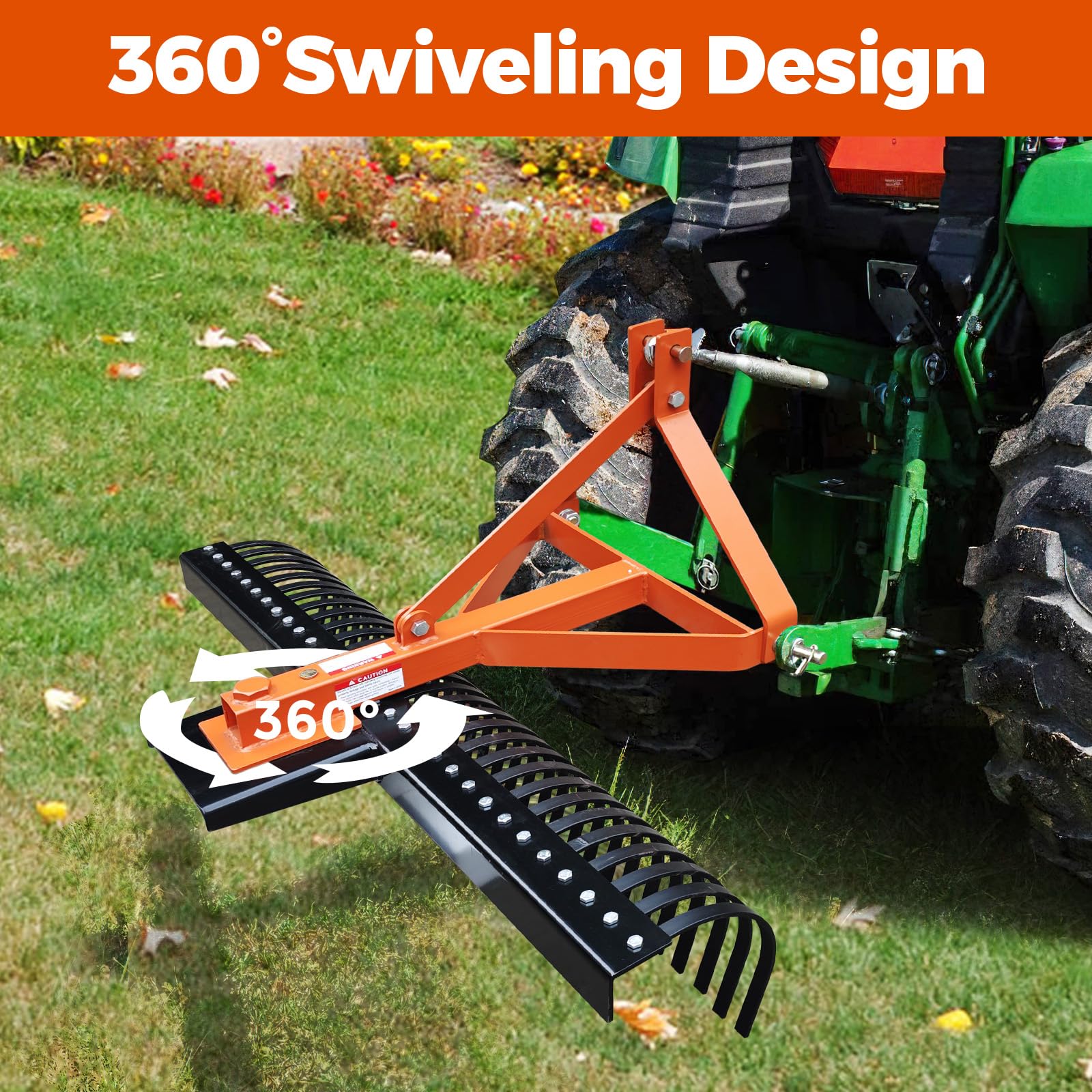 Garvee 5 FT Landscape Rake for Tractors, 3-Point Rock Rake, 360° Rotation, Steel, 30 Tines, Fits Cat 1 & 2, Yard & Farm Use