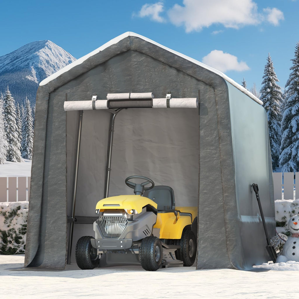 Garvee 7x10FT Outdoor Portable Storage Shed with Roll-Up Door & Vent, 240G Heavy-Duty Shelter Waterproof PE Tarp, UV-Resistant Storage Sheds for Motorcycle, Firewood, Garden and Tools, Gray