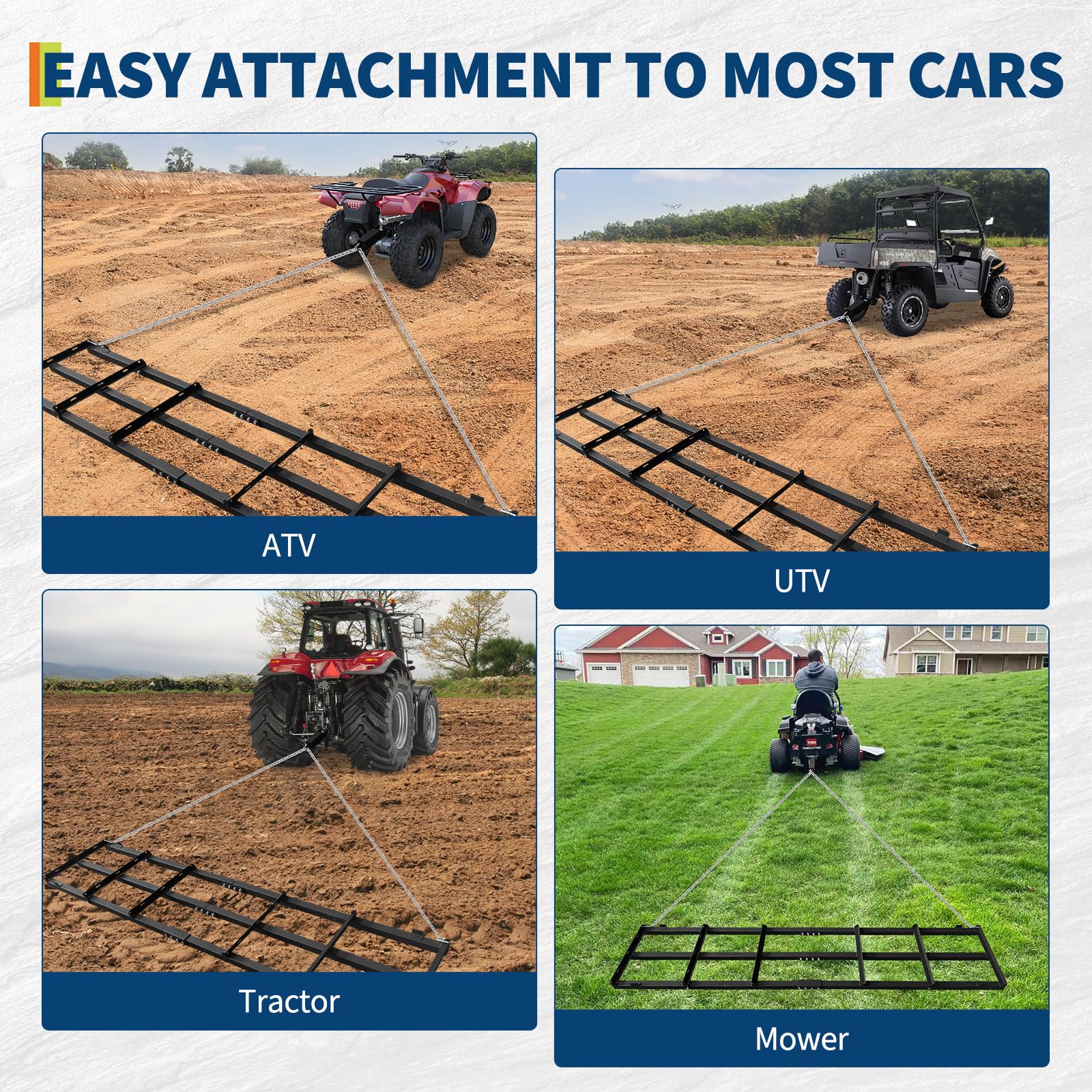 Garvee 8 Ft Drag Harrow Heavy Duty Driveway Grader with Chain, 4 Safety Belts, Adjustable Bars, Steel Tow Behind Gravel Rake for Lawn Tractors and ATVs