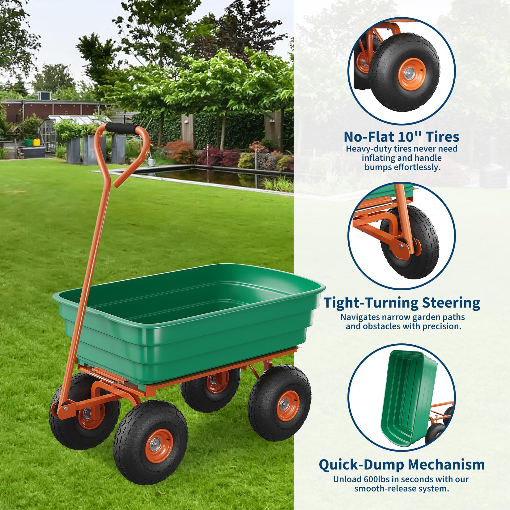 Garvee Garden Dump Cart 600 lb Capacity with Quick-Release Dump, 180° Adjustable Handle, Steel & Polypropylene, All-Terrain Tires, Green/Orange, Yard Utility Wagon