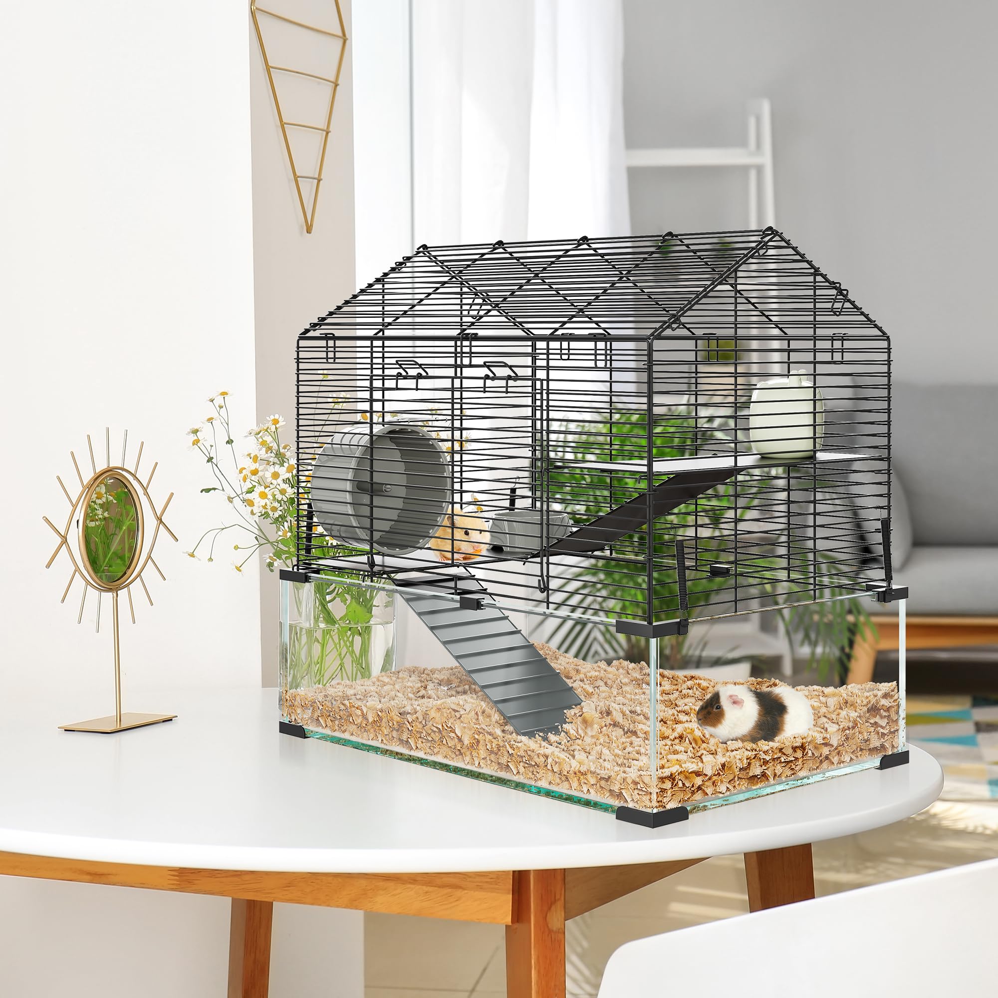 Garvee 3-Tier Hamster Cage for Syrian & Dwarf Hamsters - Multi-Level Habitat with Silent Wheel & Chew-Proof Bottle - Metal & Tempered Glass - Scratch-Resistant, Tool-Free Assembly - Compact Apartment Fit