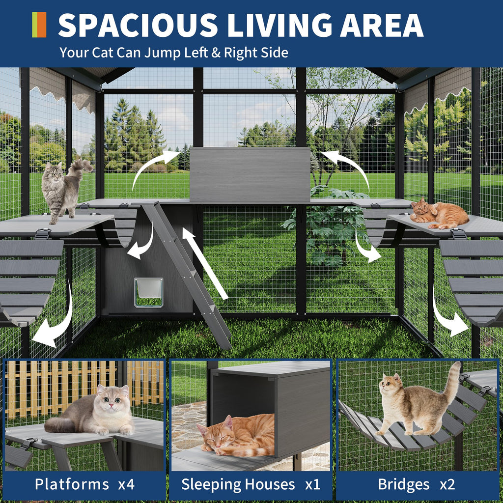 Garvee Catio Outdoor Cat Enclosure, Large Catio with Weatherproof Roof, Channels & Side Door, UV Proof Cover, Huge Condo, Platform, Aluminum Outdoor Cat Enclosure, 70"Lx72"Wx76"H