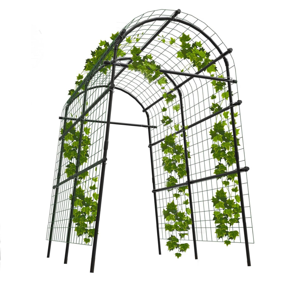 Garvee 7.5FT Garden Arch Trellis with Netting, Adjustable Metal Plant Support for Climbing Vines, Roses, Cucumbers & Raised Beds, Black