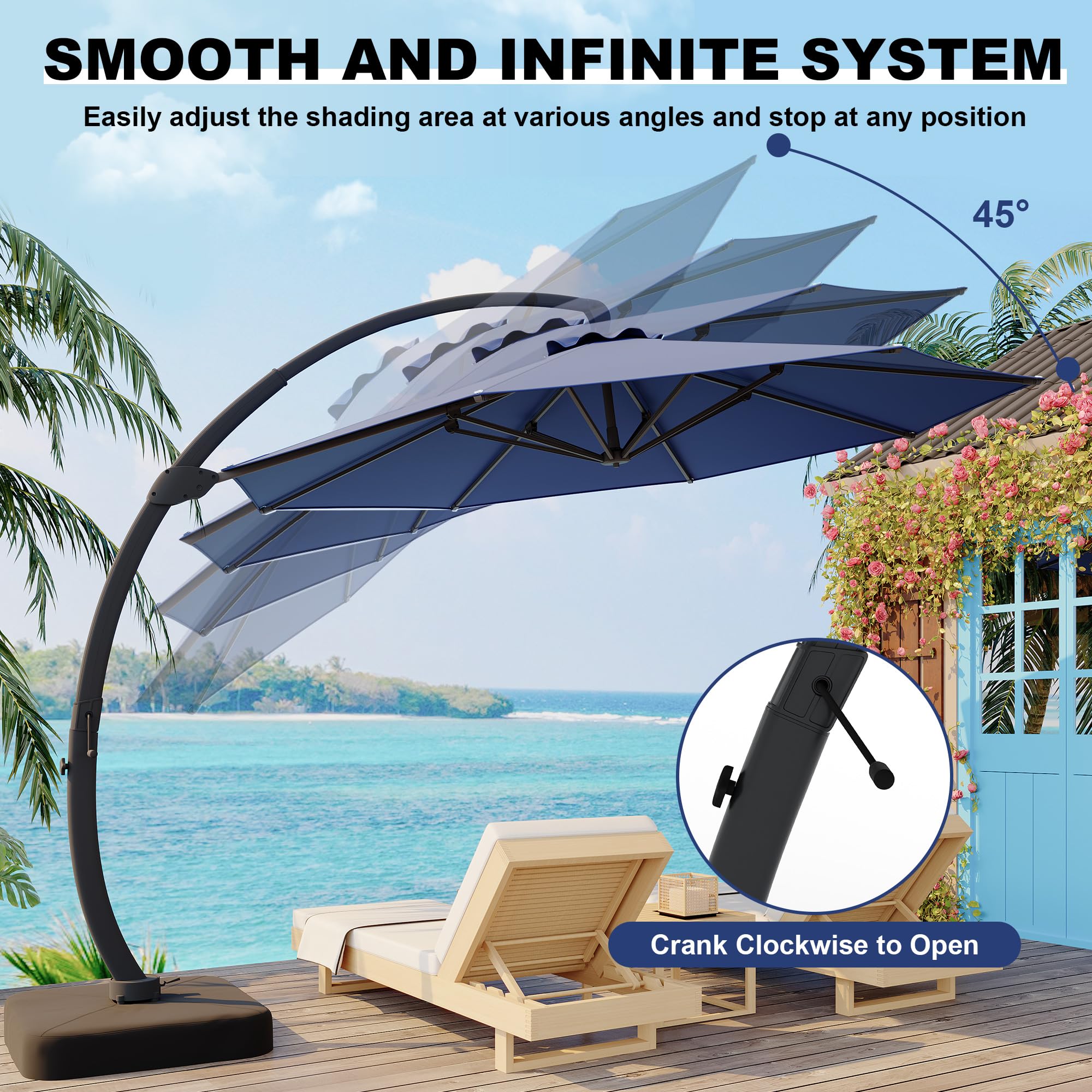 Garvee Large Round Aluminum Offset Umbrella – 360° Rotation, Infinite Tilt, 220g Polyester, Heavy-Duty Rust-Proof Base, Patio Poolside Garden