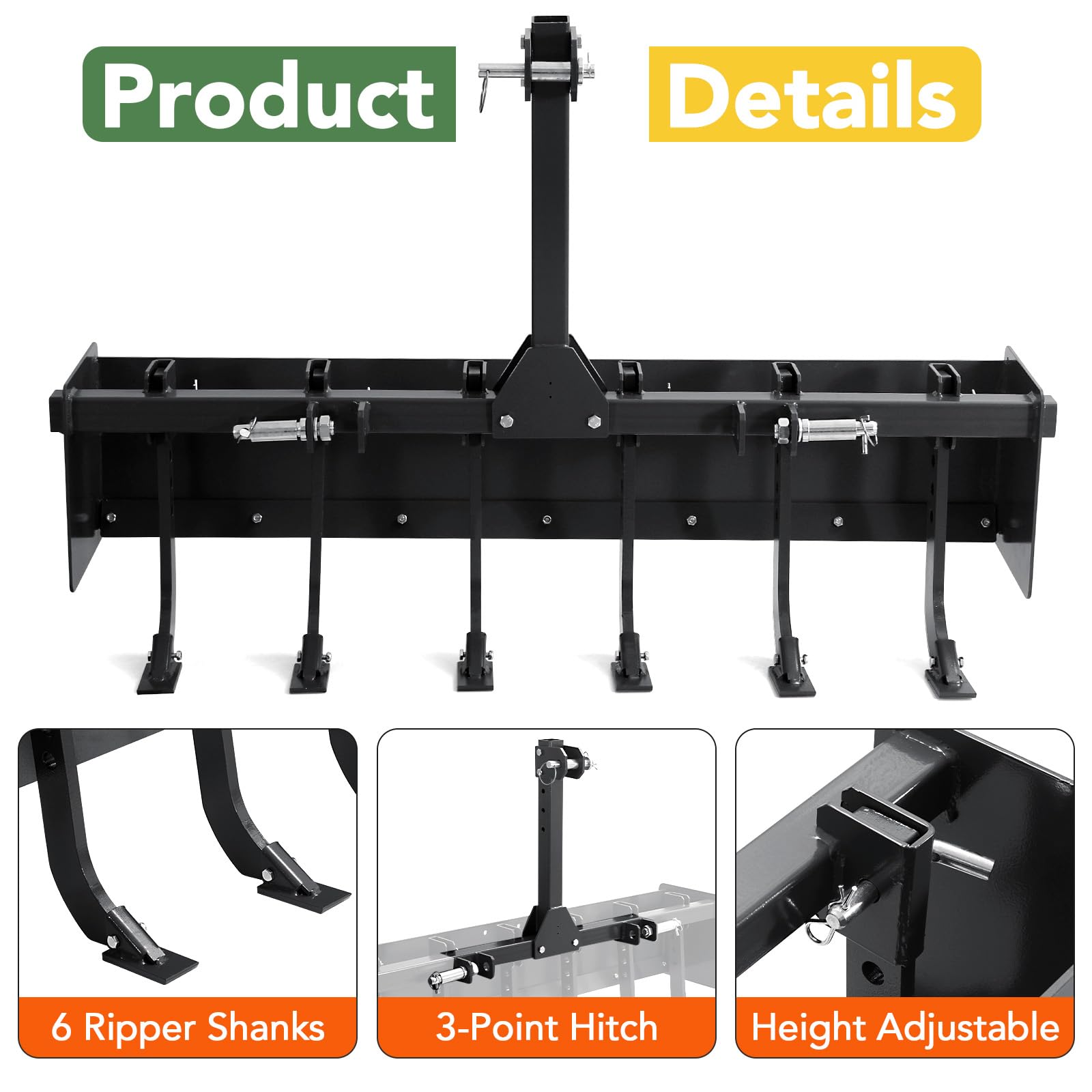 Garvee 55" Box Blade Tractor Scraper, 6 Ripper Shanks, 3 Point Hitch, Carbon Steel, Rust-Proof Coating, CAT-0 & CAT-1 Compatible, Farming & Garden Use
