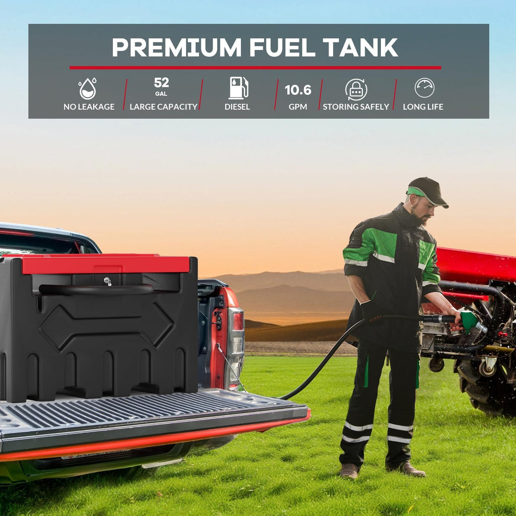 Garvee 52 Gallon Portable Diesel Fuel Tank with 12V Electric Pump, 10 GPM Flow, High-Density PE, Auto Shut-Off Nozzle, 13ft Hose, Forklift Compatible, for Agriculture & Construction