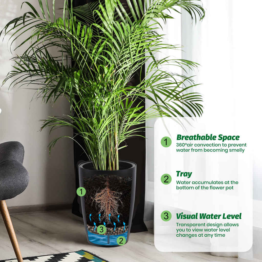 Garvee 16" Tall Planters Set of 2 Self-Watering Pots with Drainage Visual Water Level Durable Plastic Indoor Outdoor Patio