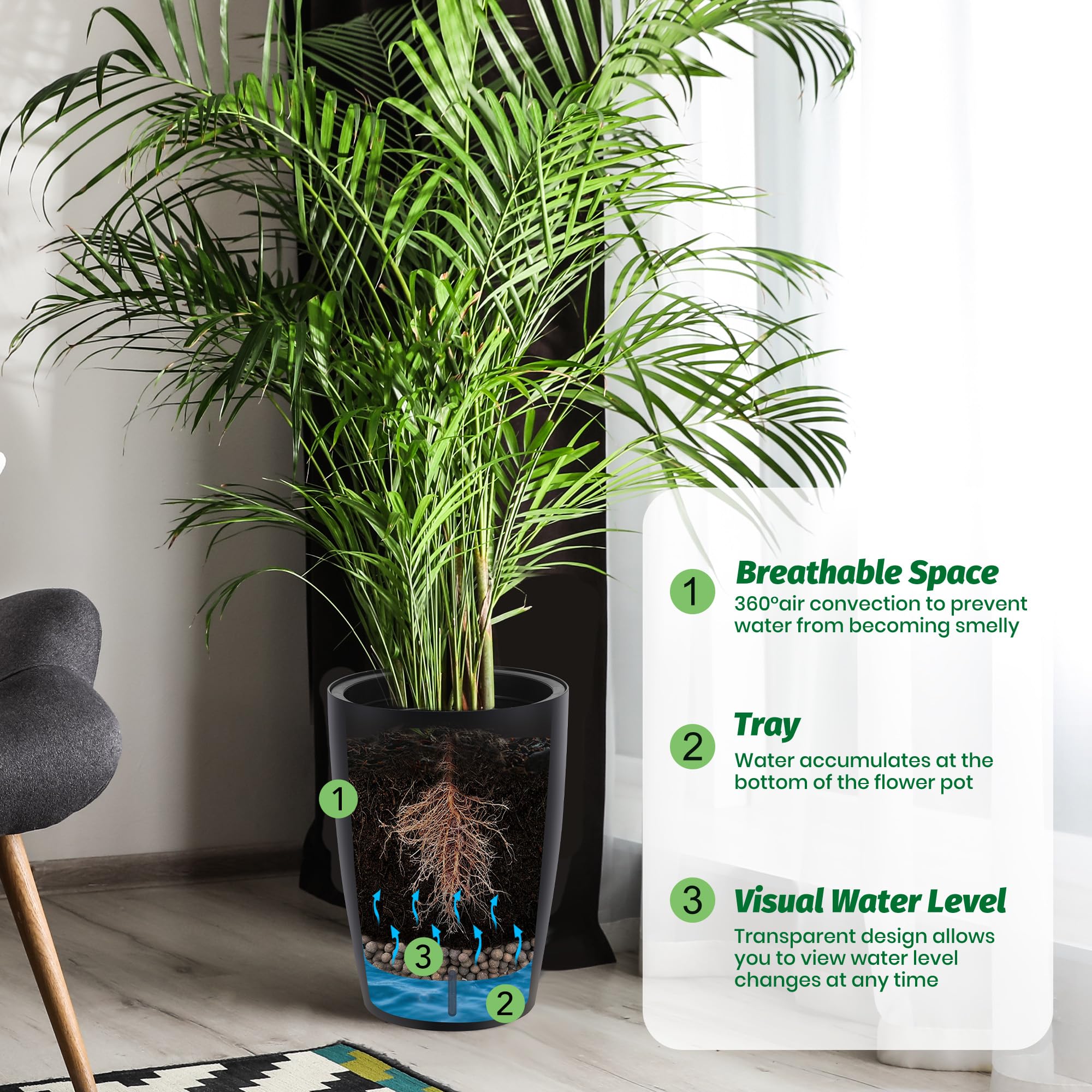 Garvee 16" Tall Planters Set of 2 Self-Watering Pots with Drainage Visual Water Level Durable Plastic Indoor Outdoor Patio