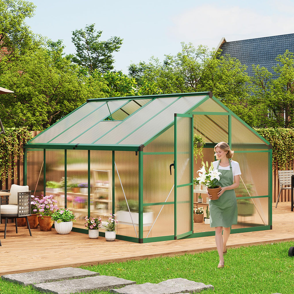 Garvee 8' × 10' Polycarbonate Greenhouse, Walk-In Garden House with Roof Vent, Green