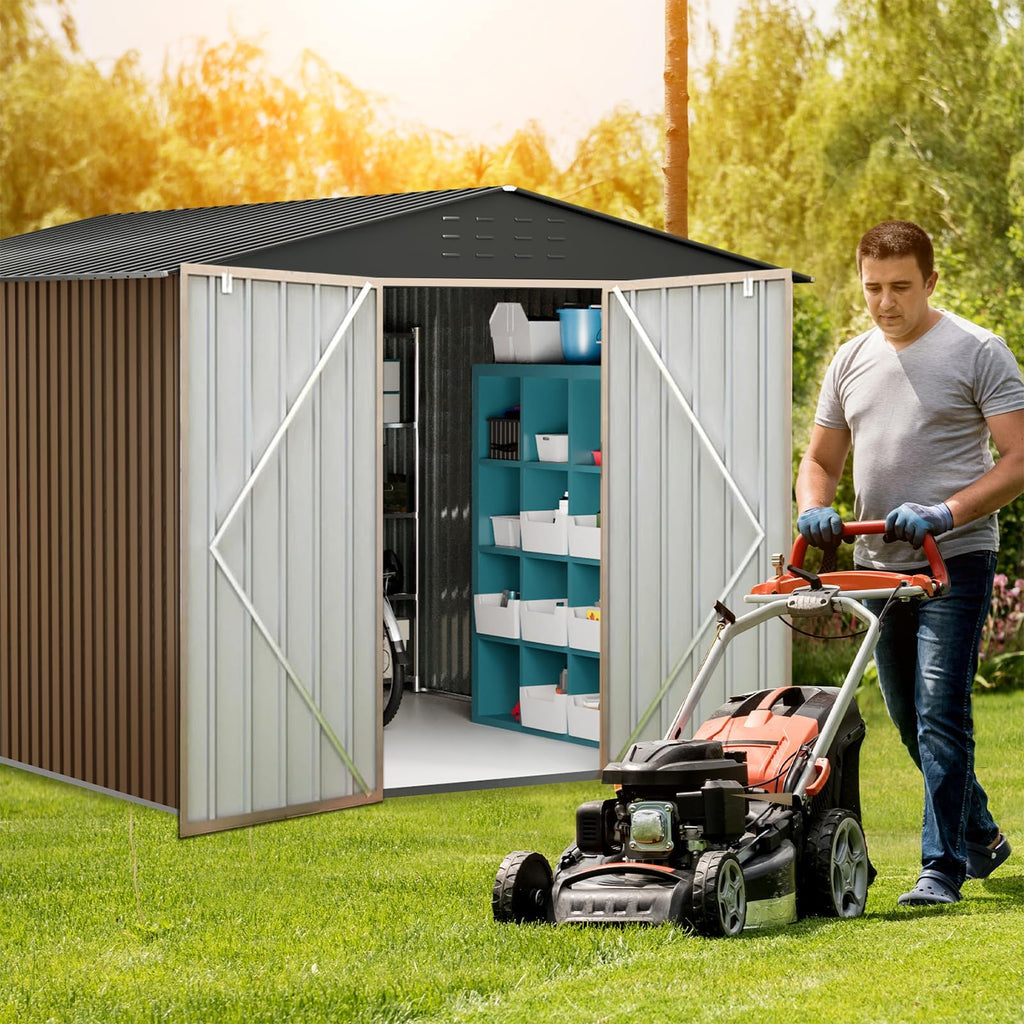 Garvee Outdoor Storage Shed 10x12 FT Metal Large Lockable Doors Waterproof Roof Sturdy Frame Brown Grey Patio Backyard Garage