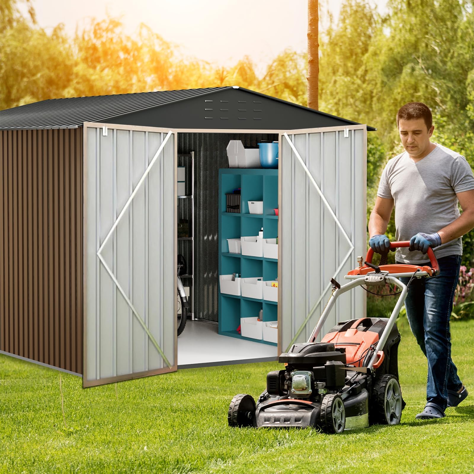 Garvee Outdoor Storage Shed 10x12 FT Metal Large Lockable Doors Waterproof Roof Sturdy Frame Brown Grey Patio Backyard Garage