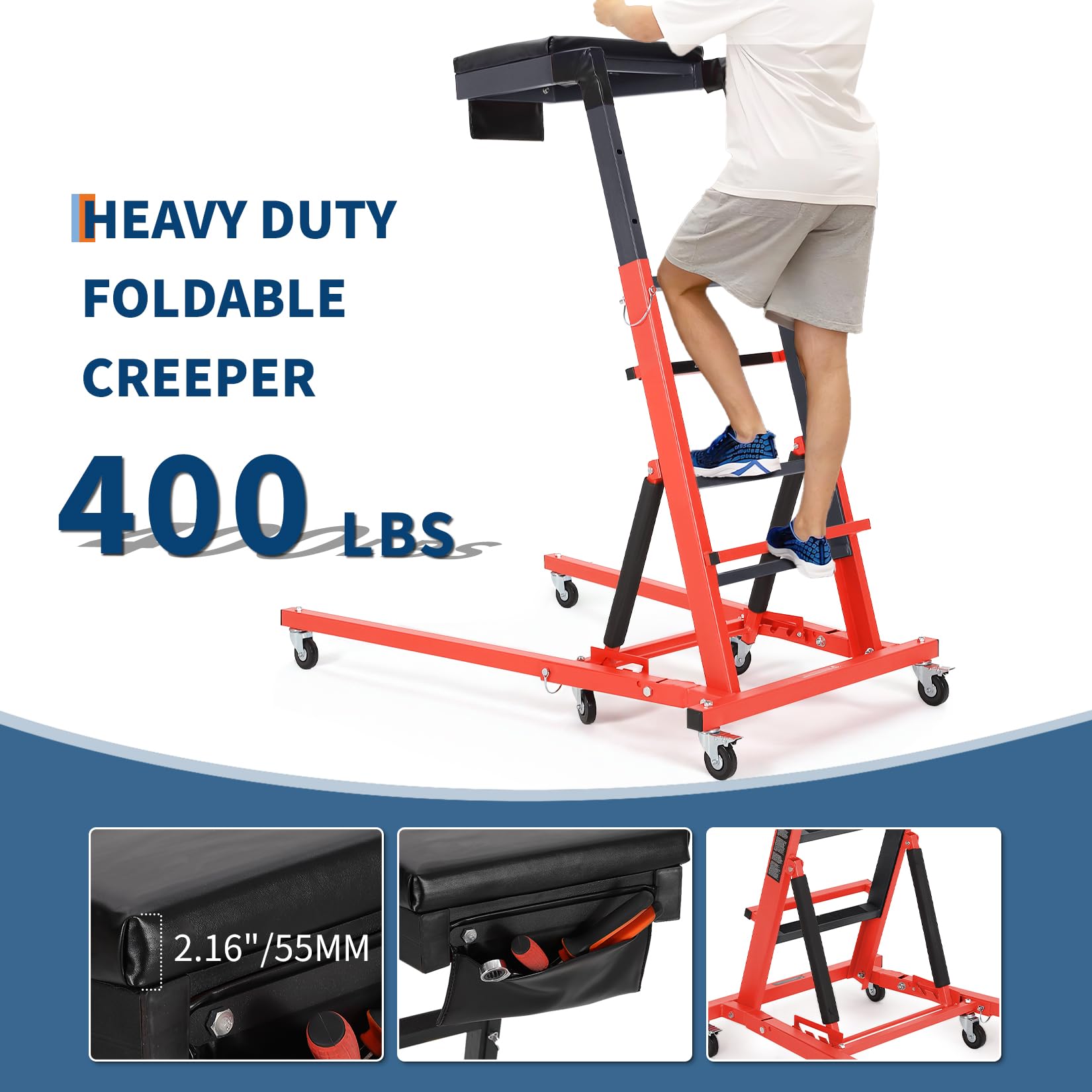 Garvee Top Automotive Creeper Adjustable Height 49.21-68.89" Heavy Duty 400 LBS Steel Frame Foldable with 6 Swivel Casters for Garage Auto Repair