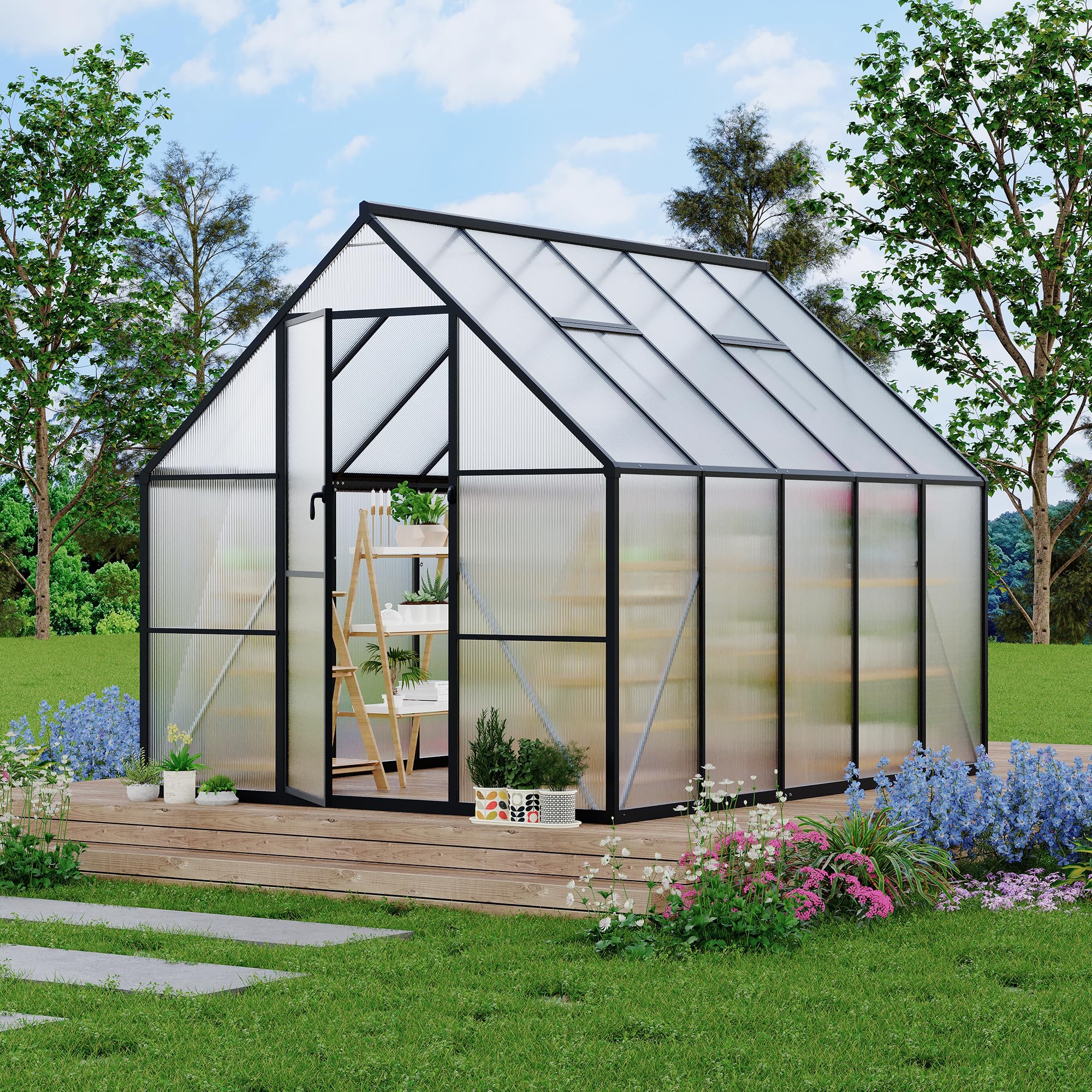 Garvee Heavy Duty Polycarbonate Greenhouse 8x10FT – Outdoor Walk-In Aluminum Frame, Double Swing Doors, Roof Vent, UV Protection, High Wind Resistant, Quick Setup, Garden, Black