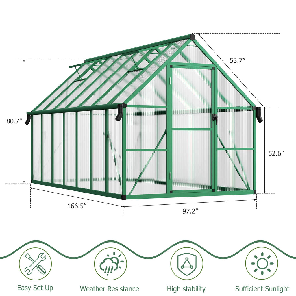 Garvee Spacious 8x14 FT Polycarbonate Greenhouse for Backyard – Large Aluminum Walk-In Grow Tent, Roof Vent, Ground Stakes, Lockable Push Door, For Garden Plants, Color: Green