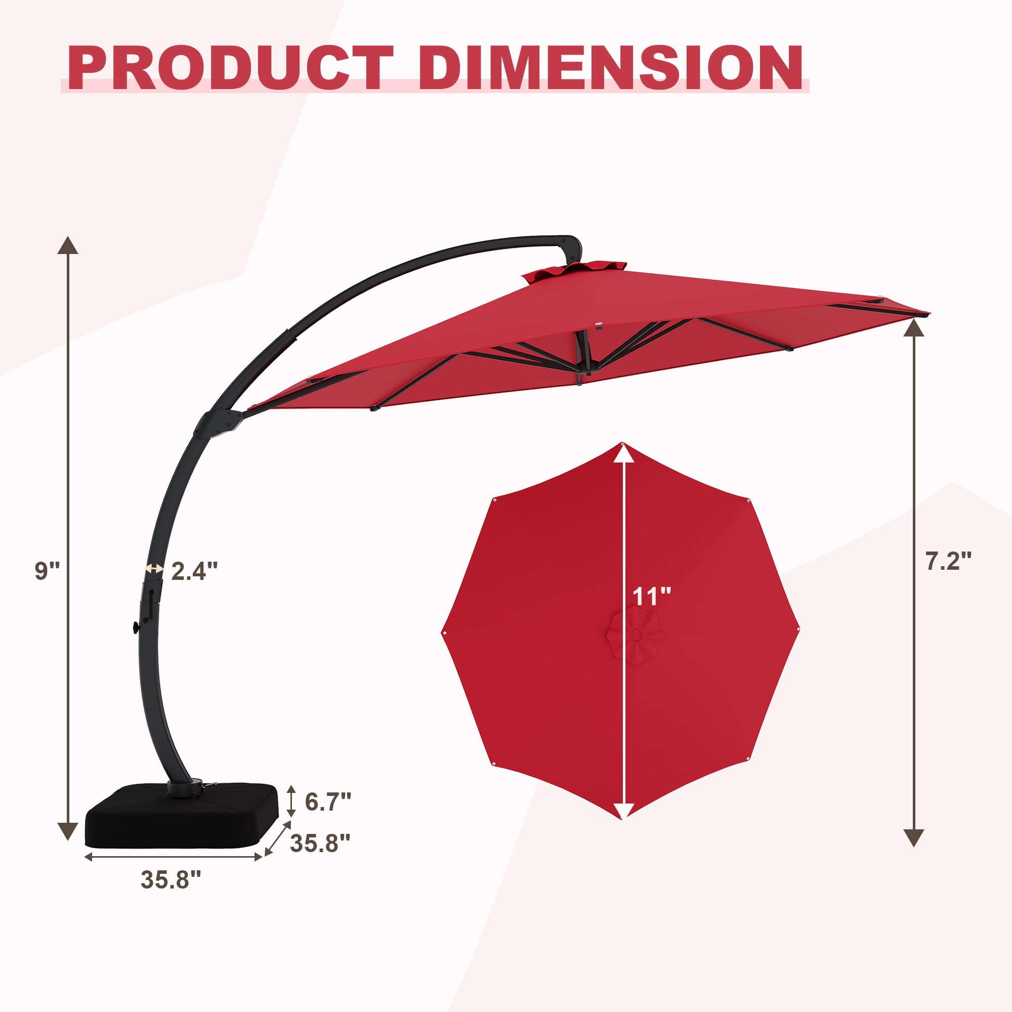 Garvee 11FT Cantilever Patio Umbrella 360° Rotation Infinite Tilt Aluminum Frame Water-Repellent Fabric Heavy-Duty Base for Outdoor Patio Poolside