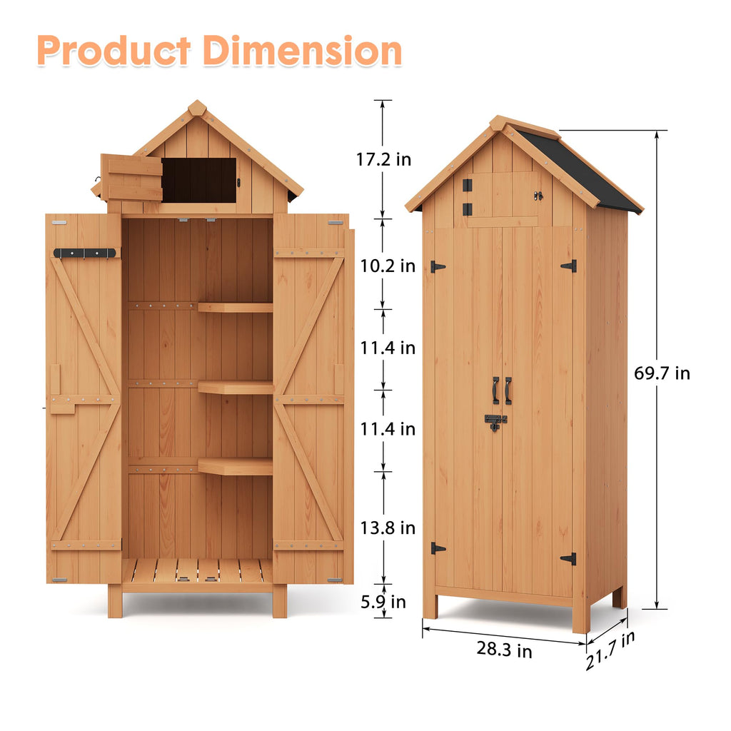 Garvee Outdoor Wooden Storage Shed Waterproof with Lockable Door, Tilt Roof, 3 Shelves, Engineered Wood, Space-Saving Vertical Design for Patio and Garden