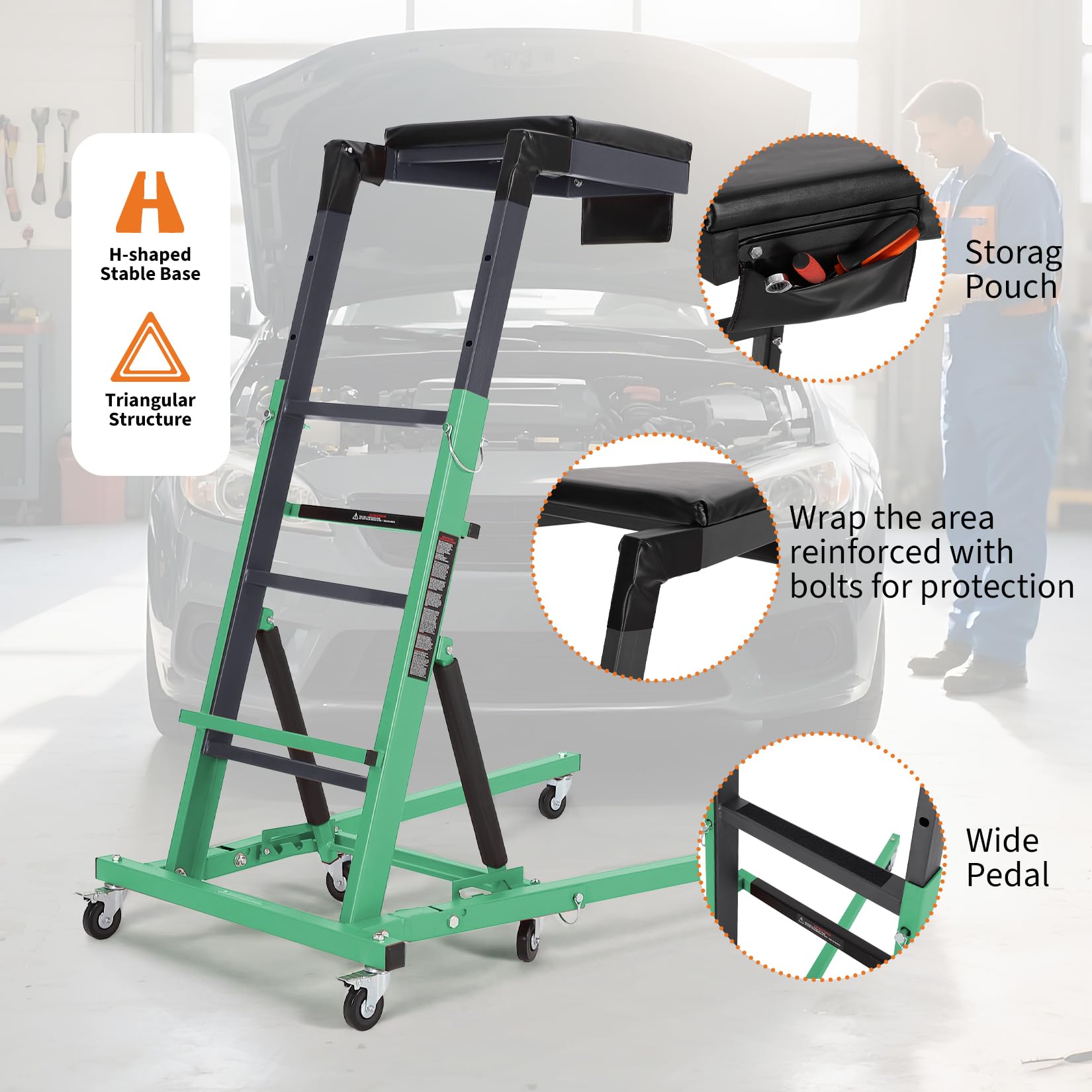 Garvee Top Automotive Creeper Adjustable Height 49.21-68.89" 400 LBS Capacity 6 Swivel Casters Steel Frame Foldable Garage Use
