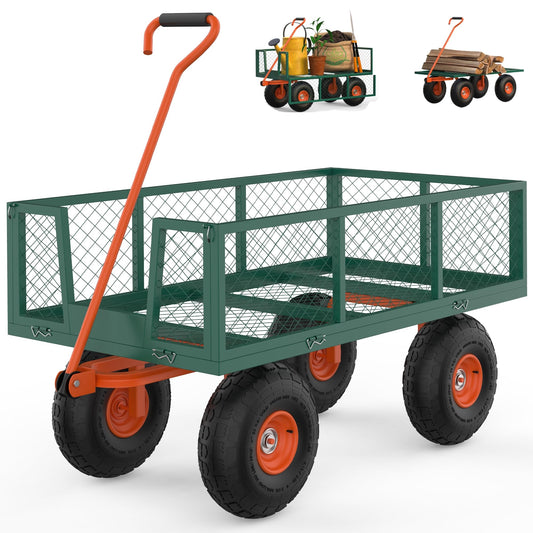 Garvee Steel Garden Cart Utility Wagon, 500 LBS Capacity, Folding Design, Removable Sides, 10 Inch Tires, Heavy-Duty Steel, Green & Orange, Outdoor Lawn Use