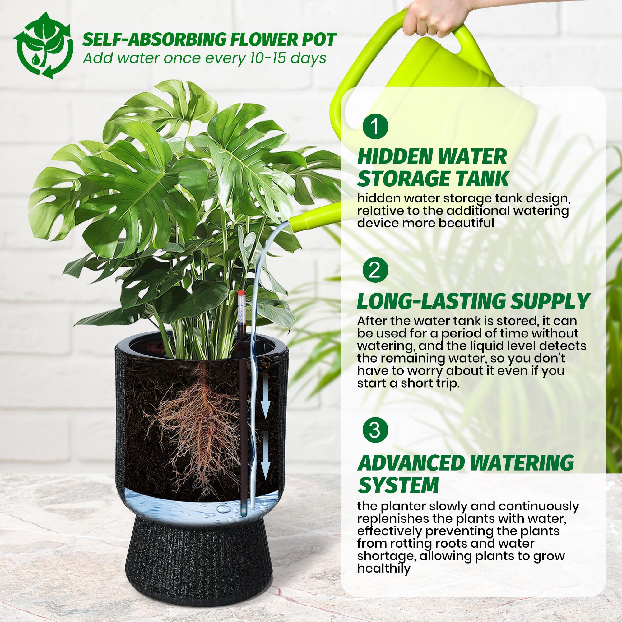 Garvee 14 Inch Self Watering Plant Pots with Drainage Holes, Water Level Monitor, Tall Indoor Planters, Freeze-Proof UV Material, Ideal for Patio & Porch