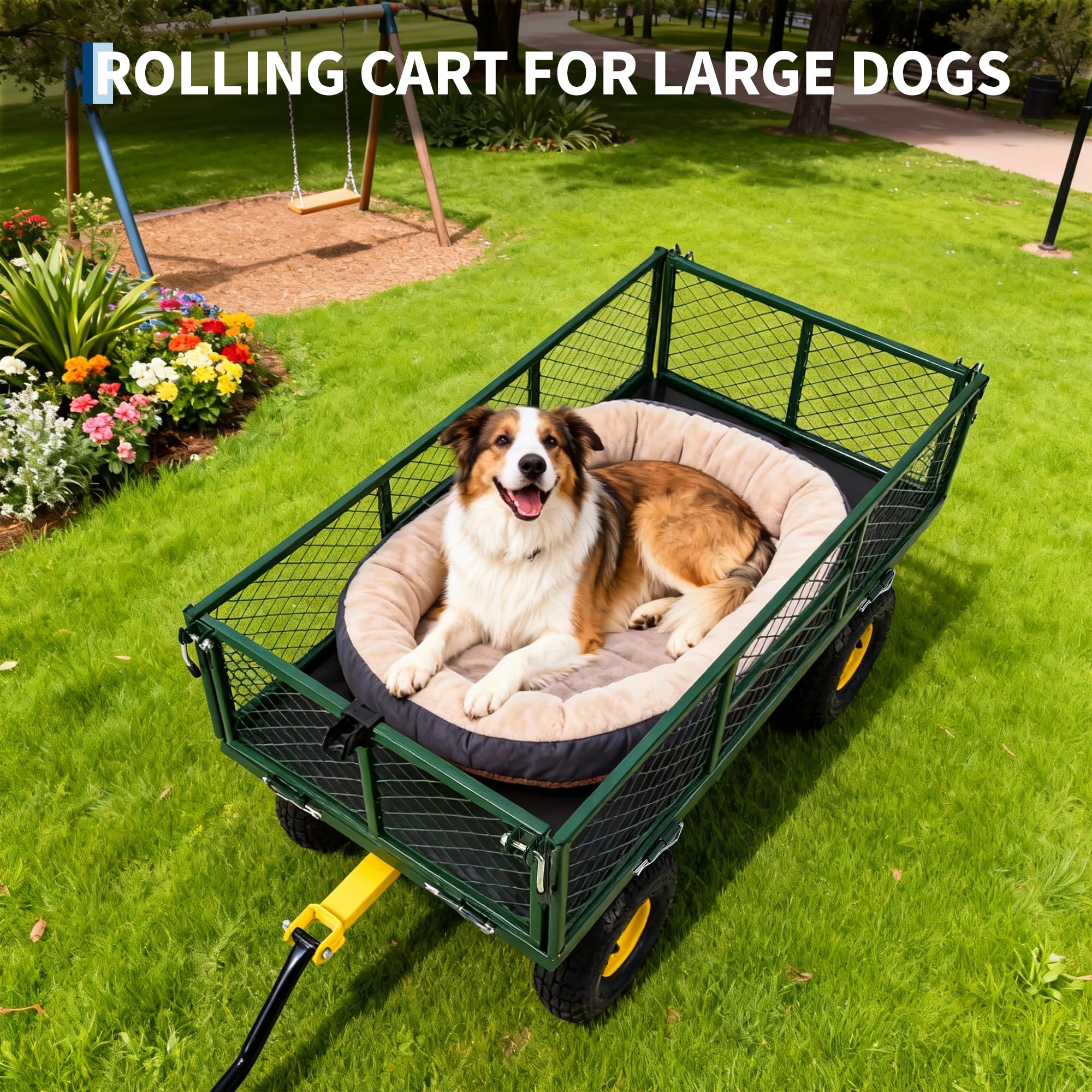 Garvee 900 lbs Heavy Duty Steel Garden Wagon Cart – 2-in-1 Utility Yard Cart, Removable Mesh Sides, 10" All-Terrain Tires, 180° Rotating Handle – Perfect for Lawn and Outdoor Gardening – Yellow Hub, Dark Green Frame, Black Handle
