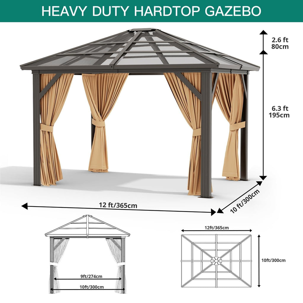 Garvee 10'x12' Hardtop Gazebo Outdoor Polycarbonate Roof Aluminum Frame with Curtains & Netting Brown Patio Pavilion for Garden