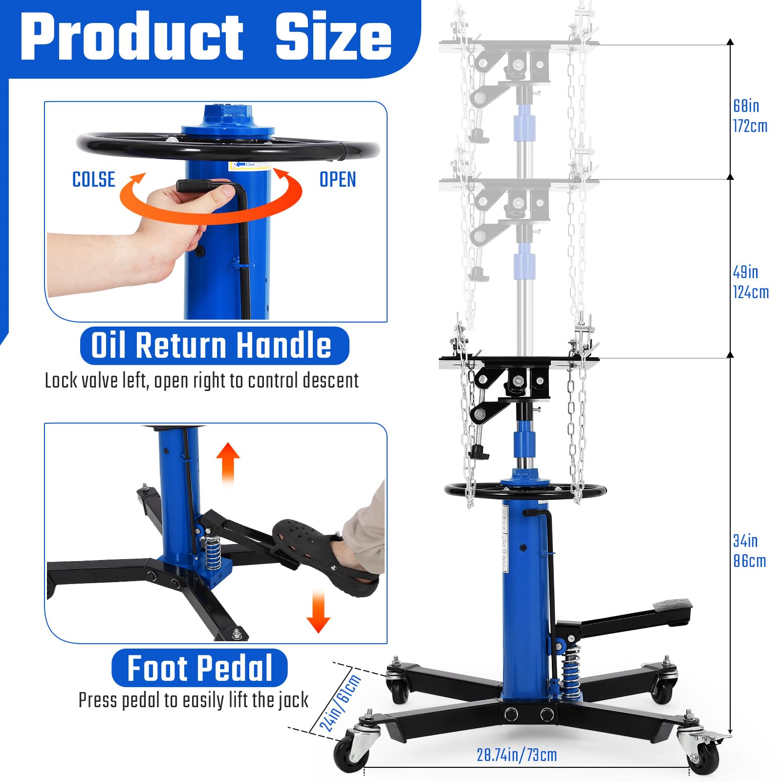 Garvee Transmission Jack 1322 lbs Capacity 2-Stage Hydraulic Steel 360° Swivel Wheels Foot Pedal Adjustable 34-68" Garage Use